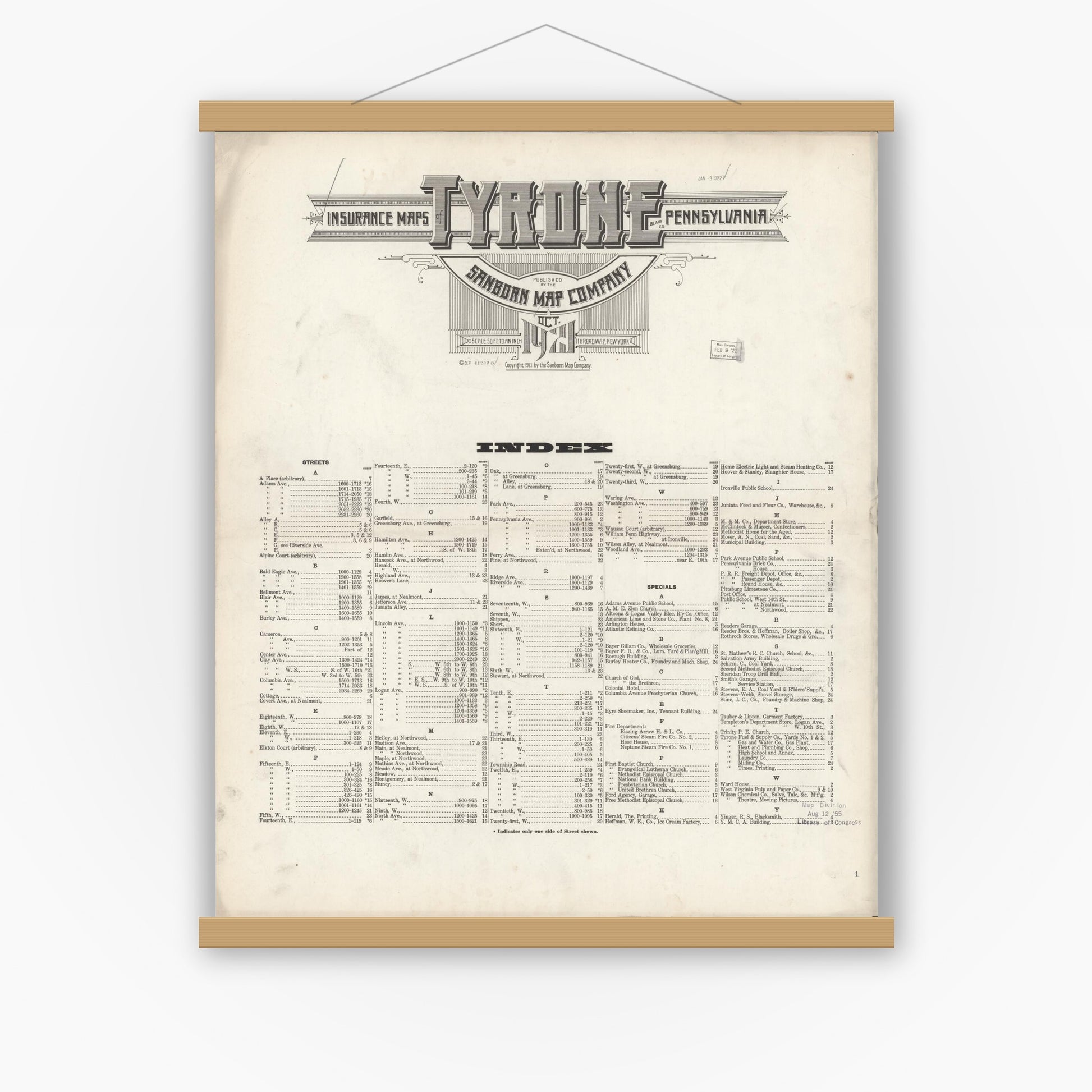Old map wall art mockup — magnetic wood frame on white wall — Sanborn Fire Insurance Map from Tyrone, Blair County, Pennsylvania (1921), Sheet #0001