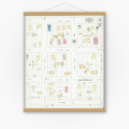 Old map wall art mockup — magnetic wood frame on white wall — Sanborn Fire Insurance Map from Faribault, Rice County, Minnesota (1909), Sheet #0007