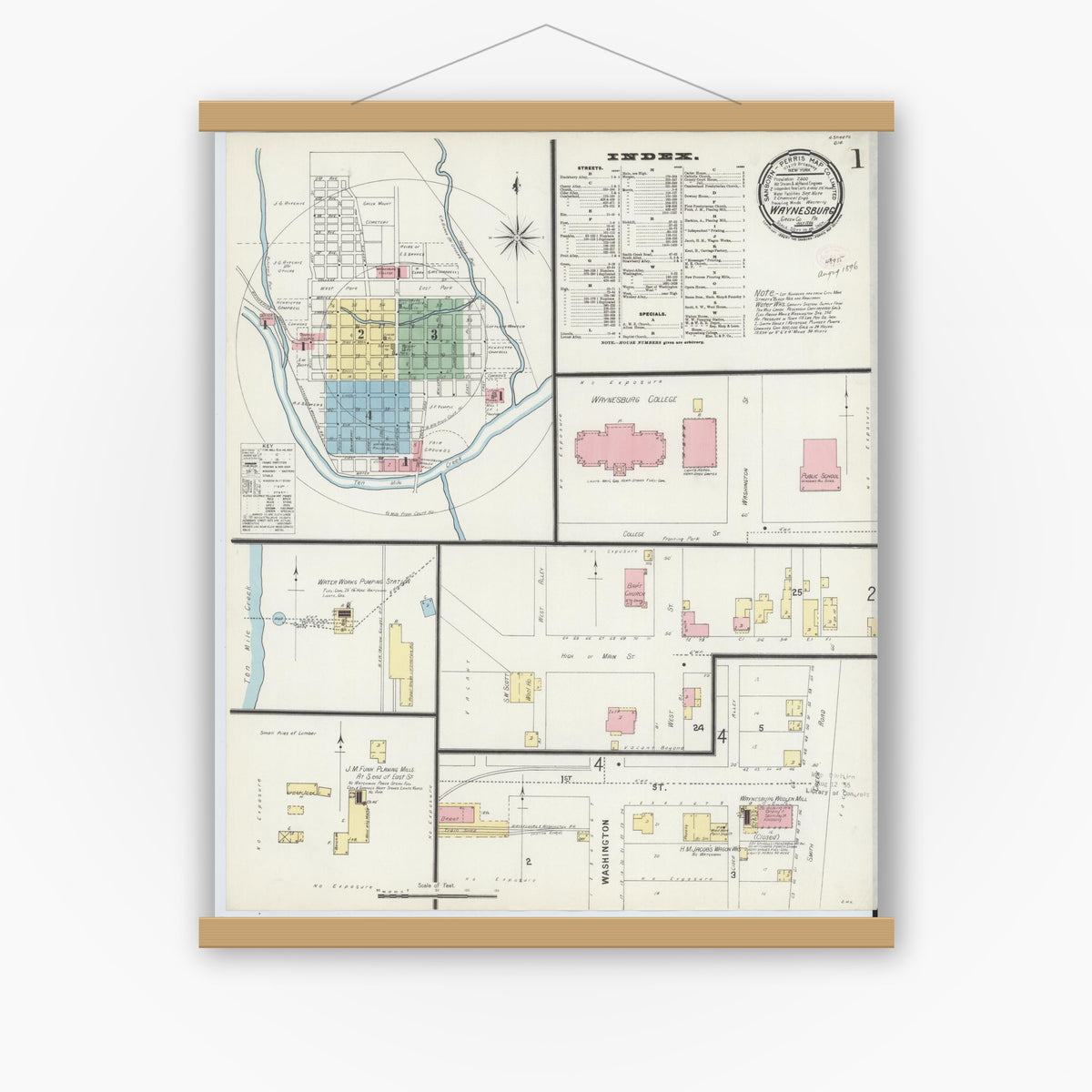 Old map wall art mockup — magnetic wood frame on white wall — Sanborn Fire Insurance Map from Waynesburg, Greene County, Pennsylvania (1896), Sheet #0001