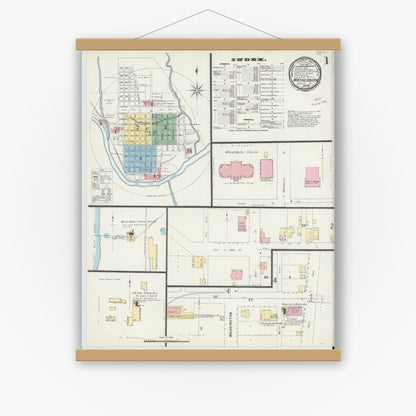 Old map wall art mockup — magnetic wood frame on white wall — Sanborn Fire Insurance Map from Waynesburg, Greene County, Pennsylvania (1896), Sheet #0001
