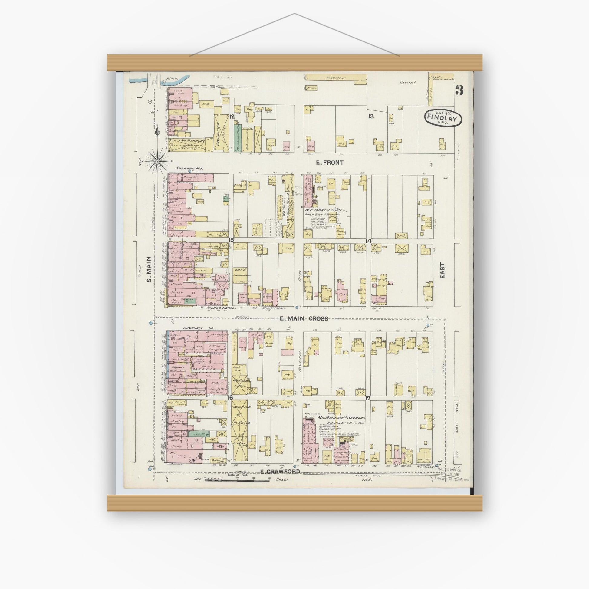Old map wall art mockup — magnetic wood frame on white wall — Sanborn Fire Insurance Map from Findlay, Hancock County, Ohio (1890), Sheet #0003