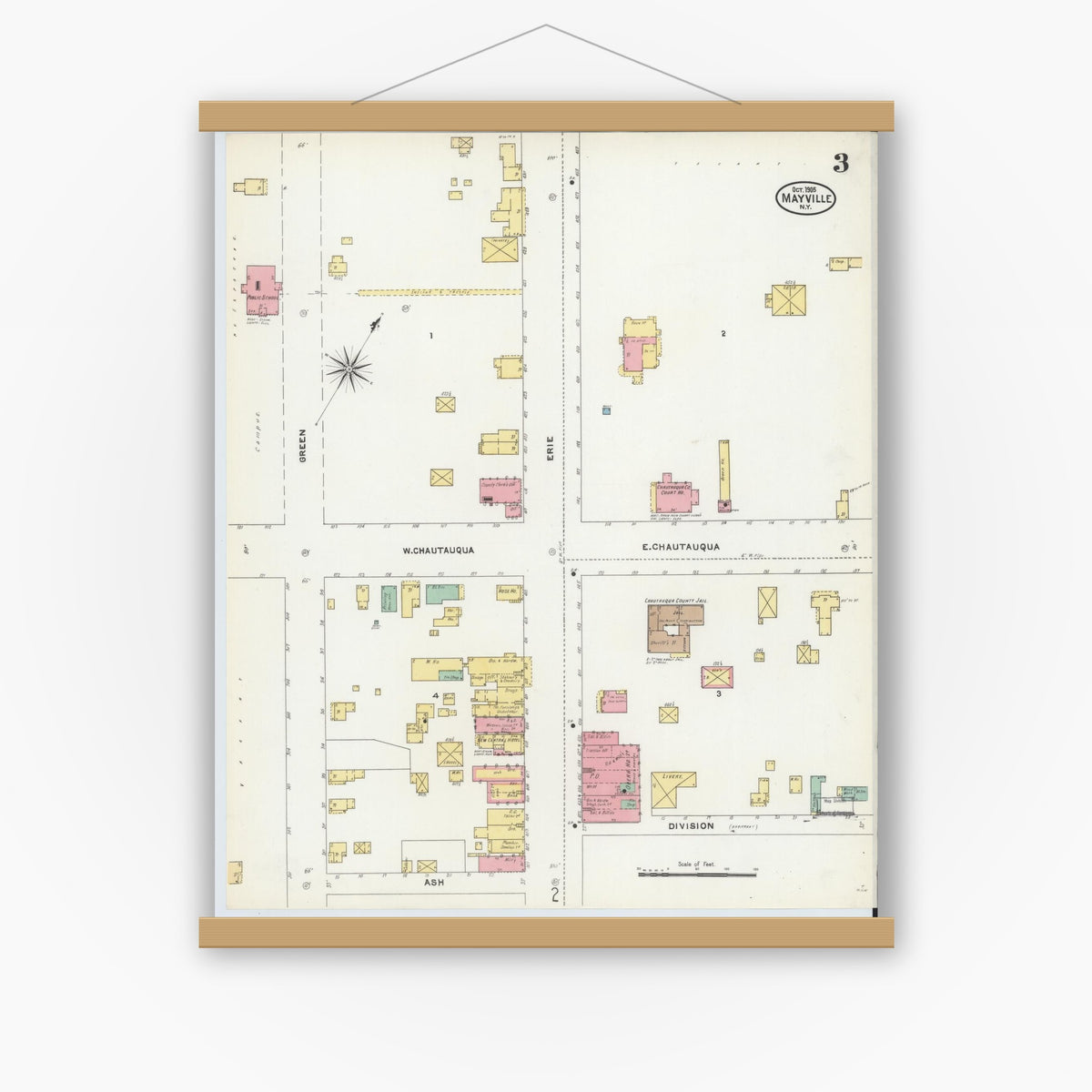 Old map wall art mockup — magnetic wood frame on white wall — Sanborn Fire Insurance Map from Mayville, Chautauqua County, New York (1905), Sheet #0003