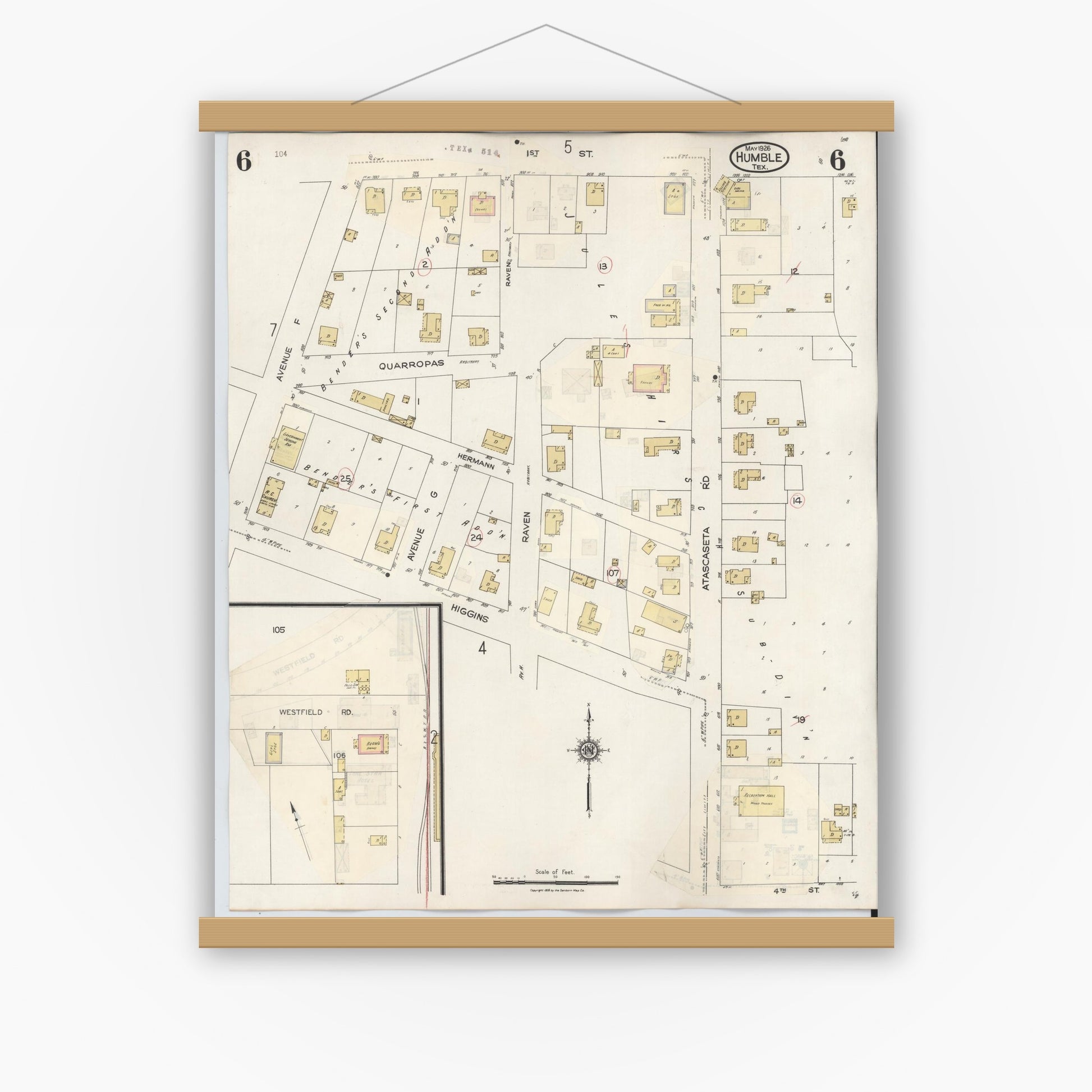 Old map wall art mockup — magnetic wood frame on white wall — Sanborn Fire Insurance Map from Humble, Harris County, Texas (1940), Sheet #0006