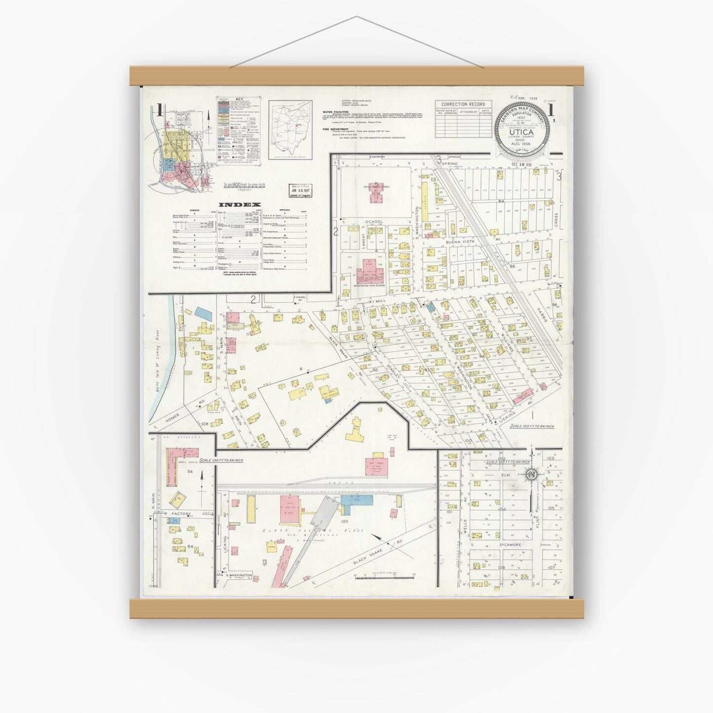 Old map wall art mockup — magnetic wood frame on white wall — Sanborn Fire Insurance Map from Utica, Licking County, Ohio (1936), Sheet #0001