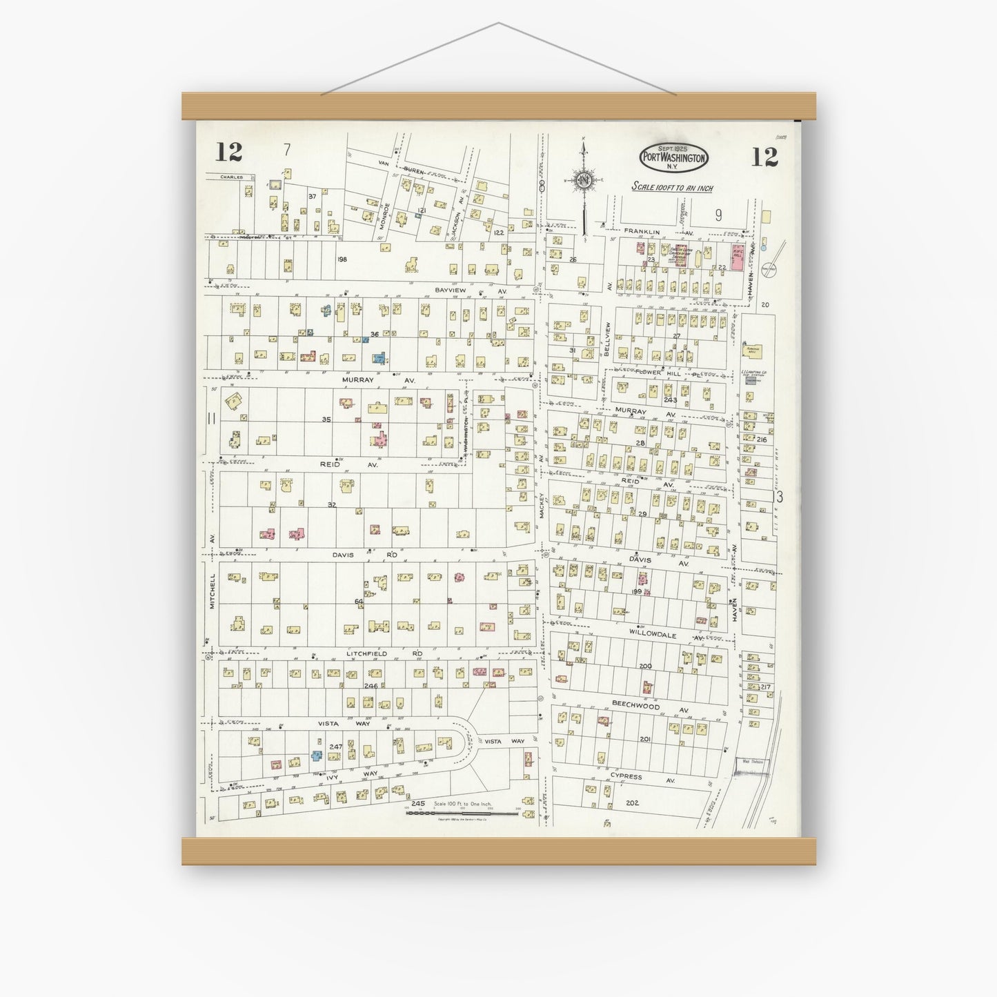 Old map wall art mockup — magnetic wood frame on white wall — Sanborn Fire Insurance Map from Port Washington, Nassau County, New York (1925), Sheet #0012