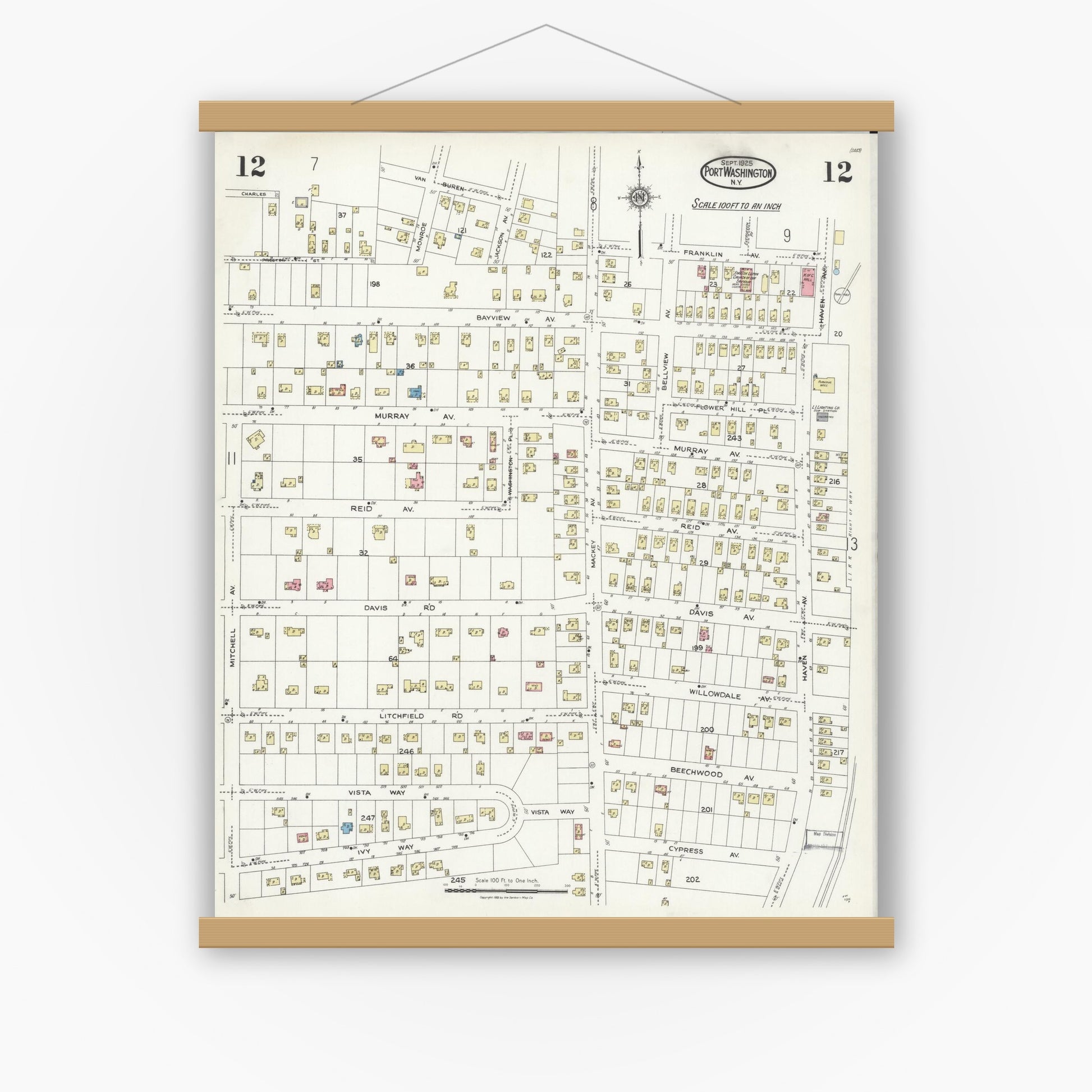 Old map wall art mockup — magnetic wood frame on white wall — Sanborn Fire Insurance Map from Port Washington, Nassau County, New York (1925), Sheet #0012