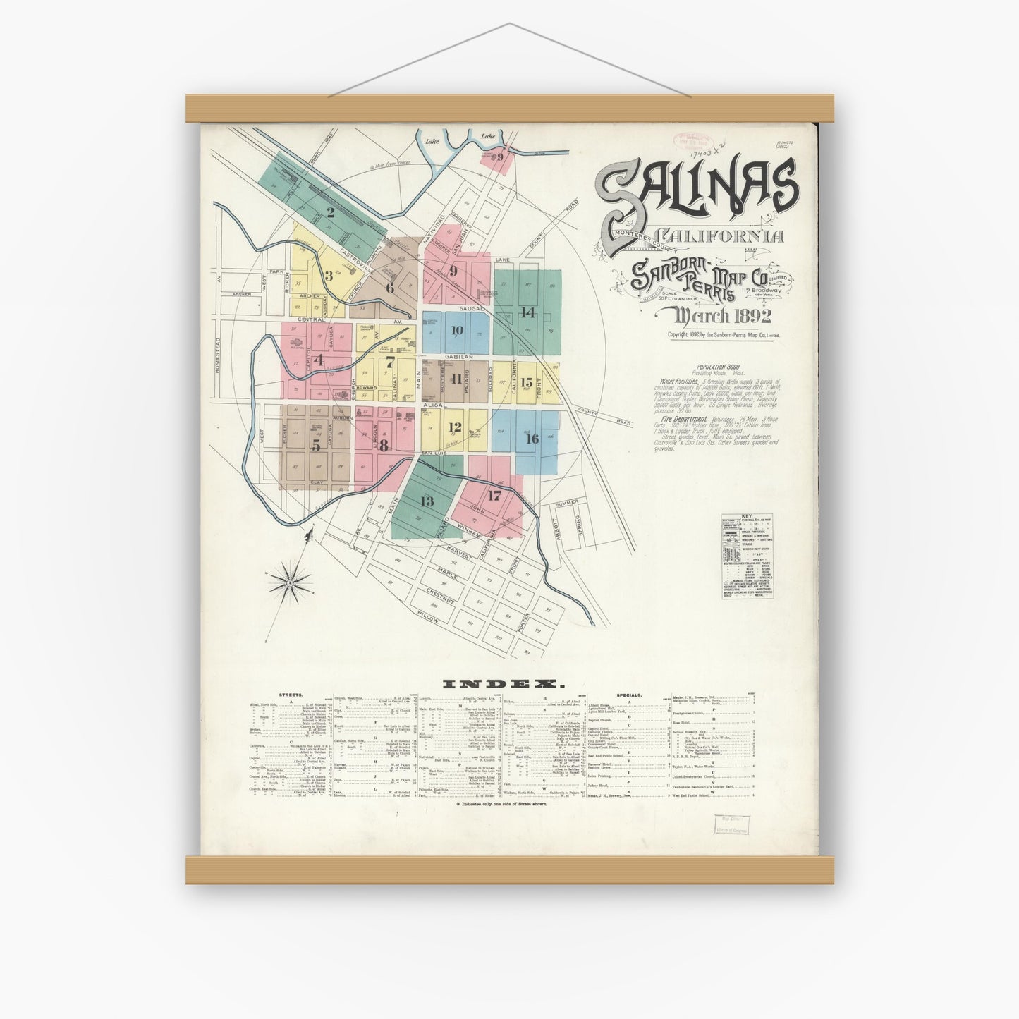 Old map wall art mockup — magnetic wood frame on white wall — Sanborn Fire Insurance Map from Salinas, Monterey County, California (1892) - Complete Map Set