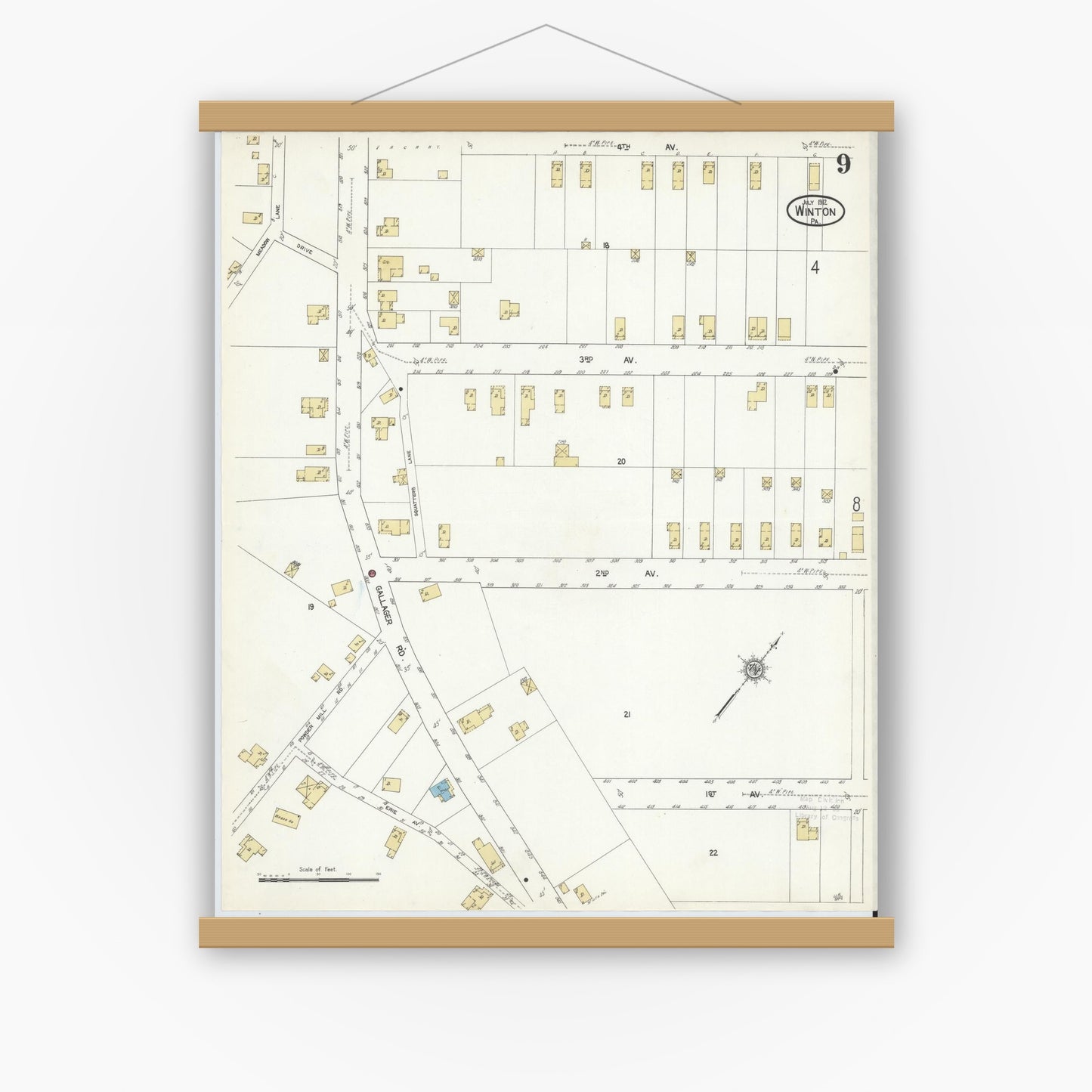 Old map wall art mockup — magnetic wood frame on white wall — Sanborn Fire Insurance Map from Winton, Lackawanna County, Pennsylvania (1912), Sheet #0009