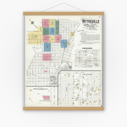 Old map wall art mockup — magnetic wood frame on white wall — Sanborn Fire Insurance Map from Wytheville, Wythe County, Virginia (1921), Sheet #0001