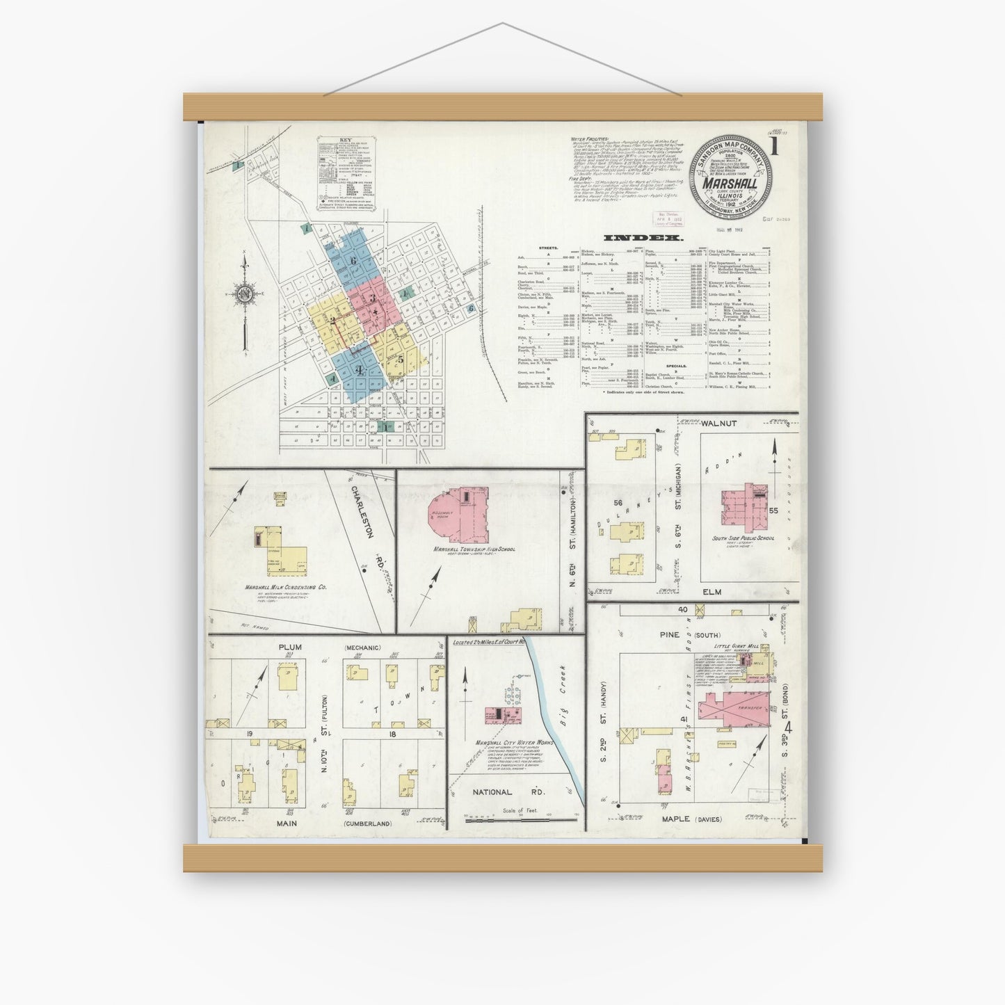 Old map wall art mockup — magnetic wood frame on white wall — Sanborn Fire Insurance Map from Marshall, Clark County, Illinois (1912), Sheet #0001