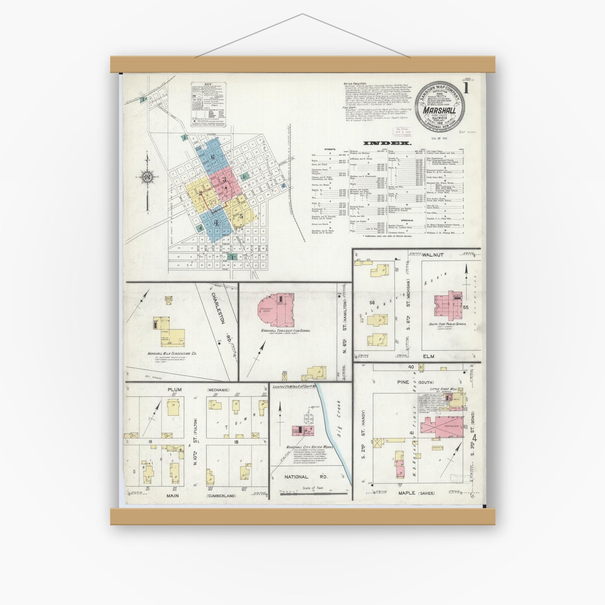 Old map wall art mockup — magnetic wood frame on white wall — Sanborn Fire Insurance Map from Marshall, Clark County, Illinois (1912), Sheet #0001