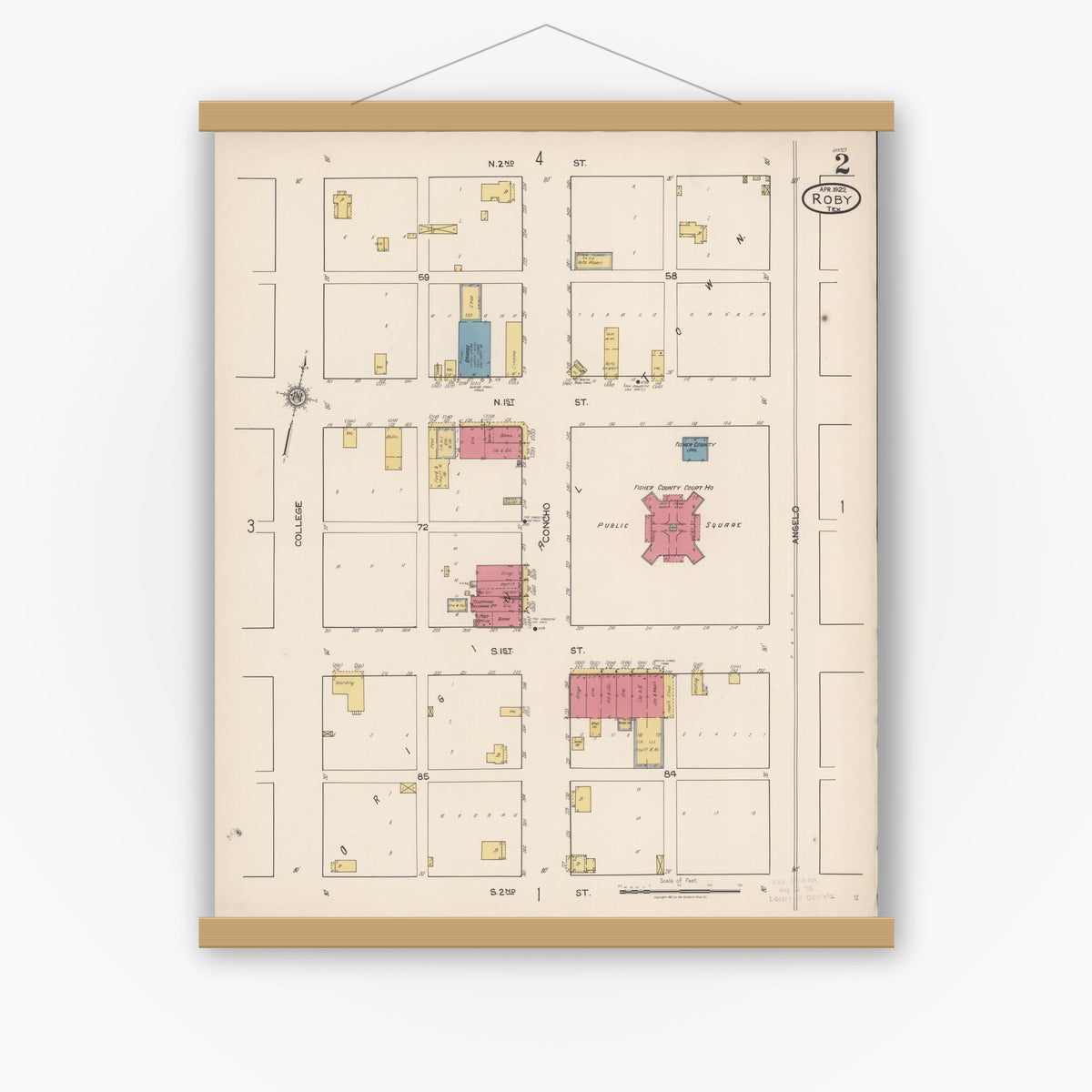 Old map wall art mockup — magnetic wood frame on white wall — Sanborn Fire Insurance Map from Roby, Fisher County, Texas (1922), Sheet #0002
