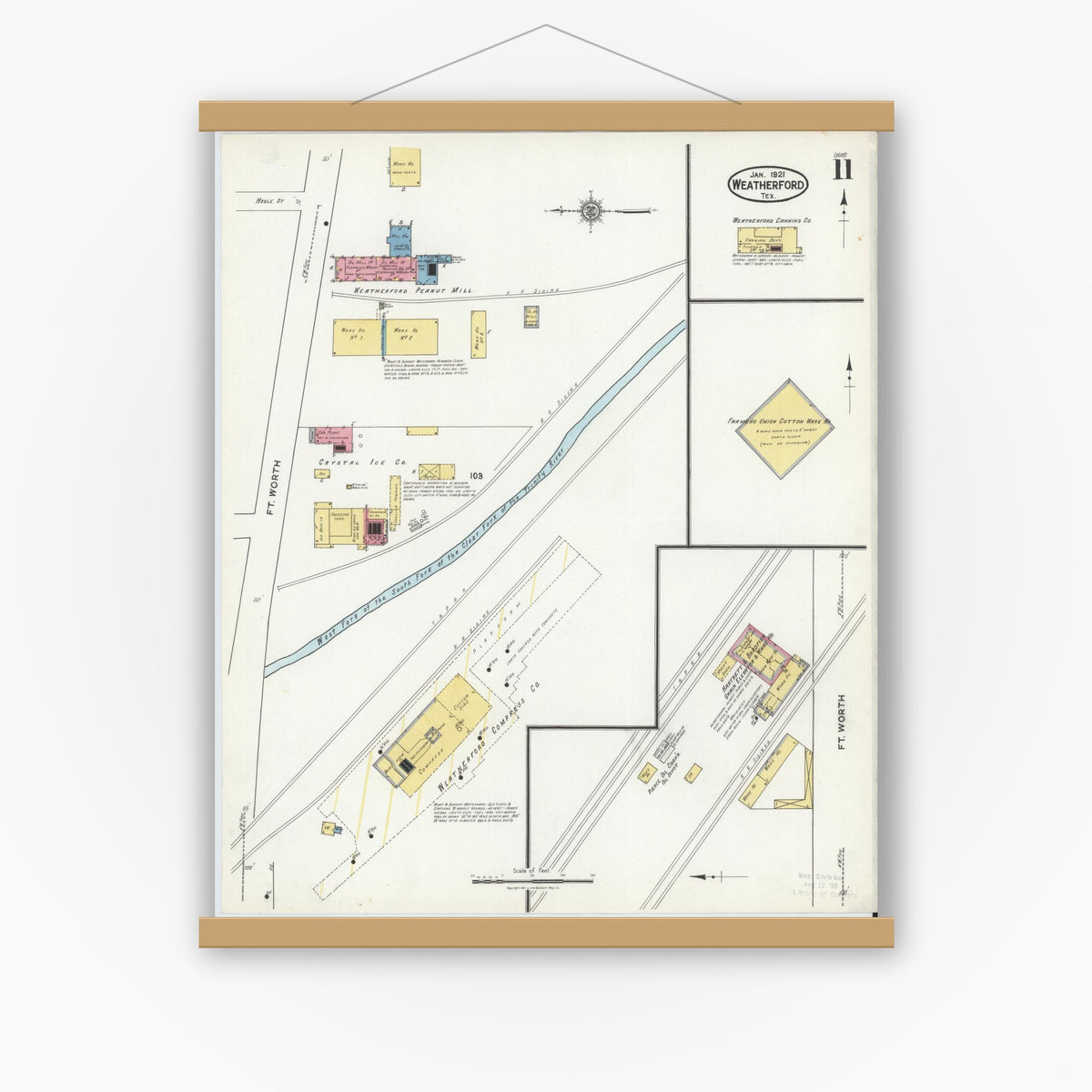 Old map wall art mockup — magnetic wood frame on white wall — Sanborn Fire Insurance Map from Weatherford, Parker County, Texas (1921), Sheet #0011
