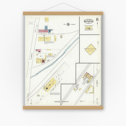 Old map wall art mockup — magnetic wood frame on white wall — Sanborn Fire Insurance Map from Weatherford, Parker County, Texas (1921), Sheet #0011