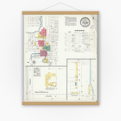 Old map wall art mockup — magnetic wood frame on white wall — Sanborn Fire Insurance Map from Pulaski, Pulaski County, Virginia (1908), Sheet #0001