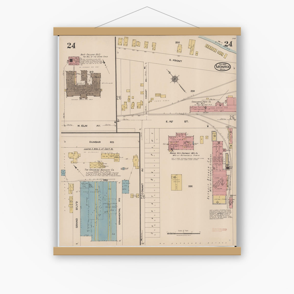 Old map wall art mockup — magnetic wood frame on white wall — Sanborn Fire Insurance Map from Monroe, Monroe County, Michigan (1922), Sheet #0024