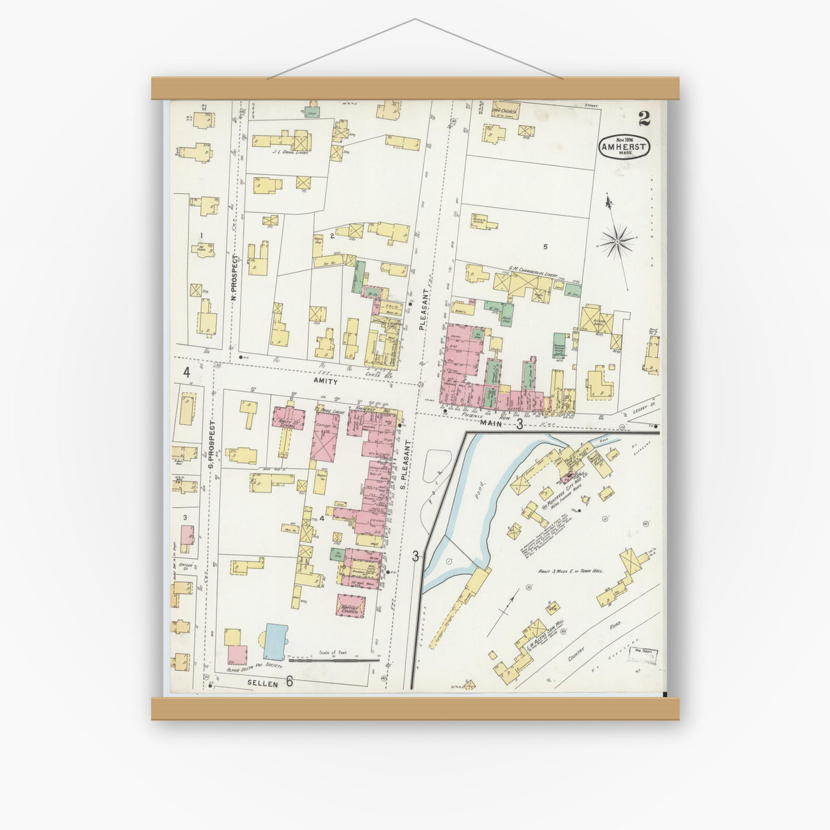 Old map wall art mockup — magnetic wood frame on white wall — Sanborn Fire Insurance Map from Amherst, Hampshire County, Massachusetts (1896), Sheet #0002