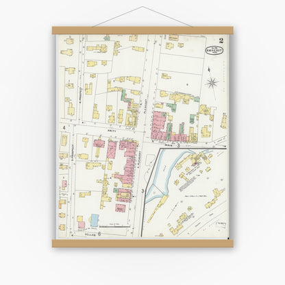 Old map wall art mockup — magnetic wood frame on white wall — Sanborn Fire Insurance Map from Amherst, Hampshire County, Massachusetts (1896), Sheet #0002