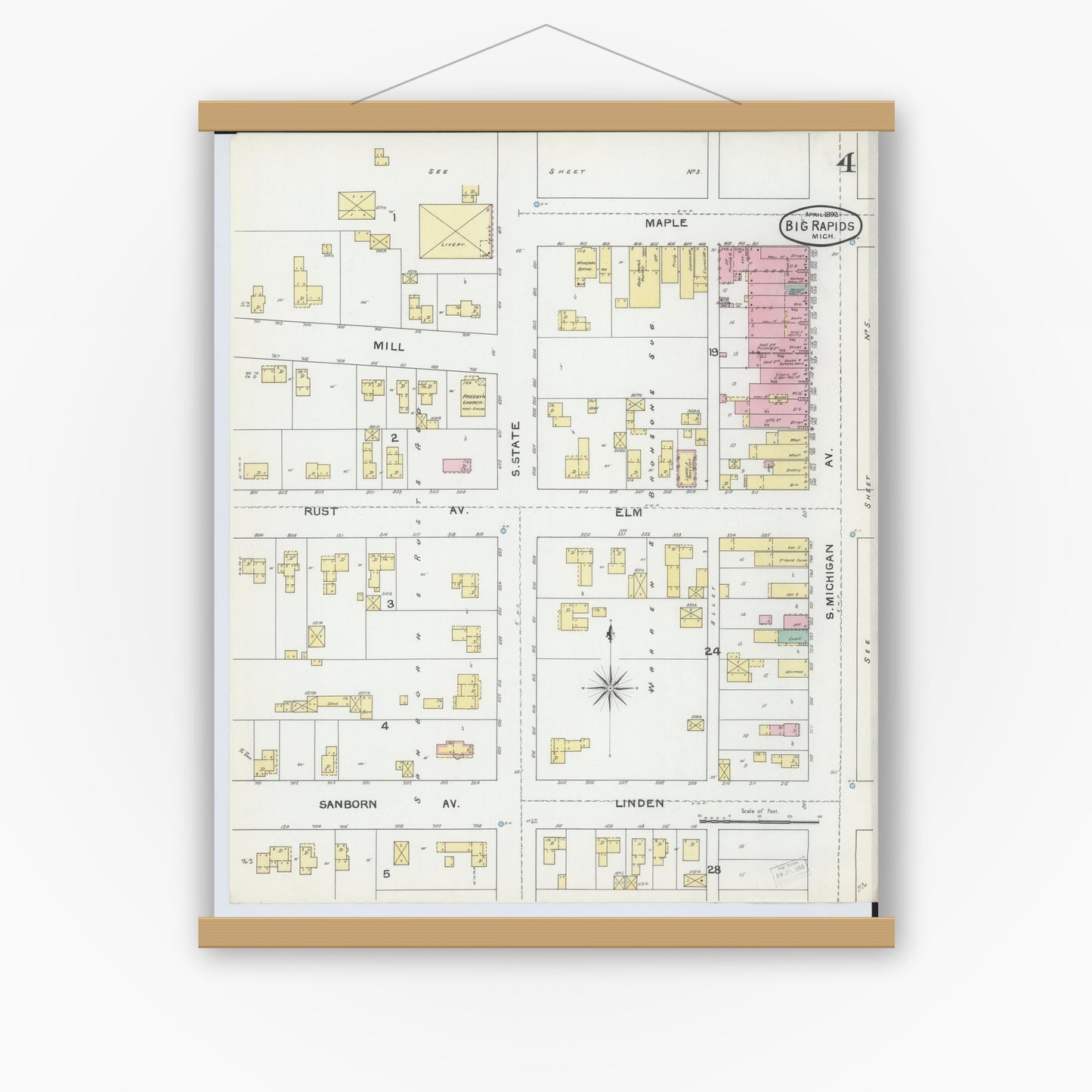 Old map wall art mockup — magnetic wood frame on white wall — Sanborn Fire Insurance Map from Big Rapids, Mecosta County, Michigan (1892), Sheet #0004