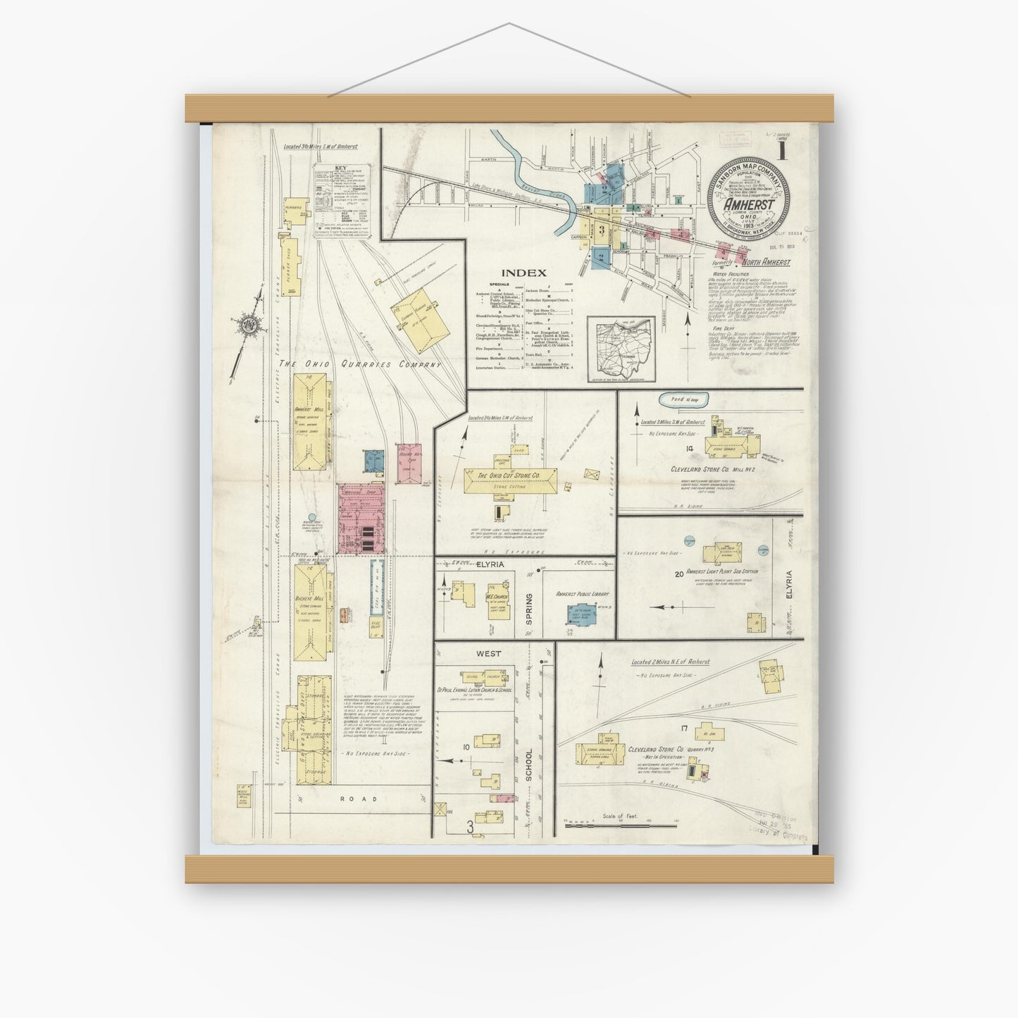 Old map wall art mockup — magnetic wood frame on white wall — Sanborn Fire Insurance Map from Amherst, Lorain County, Ohio (1913), Sheet #0001