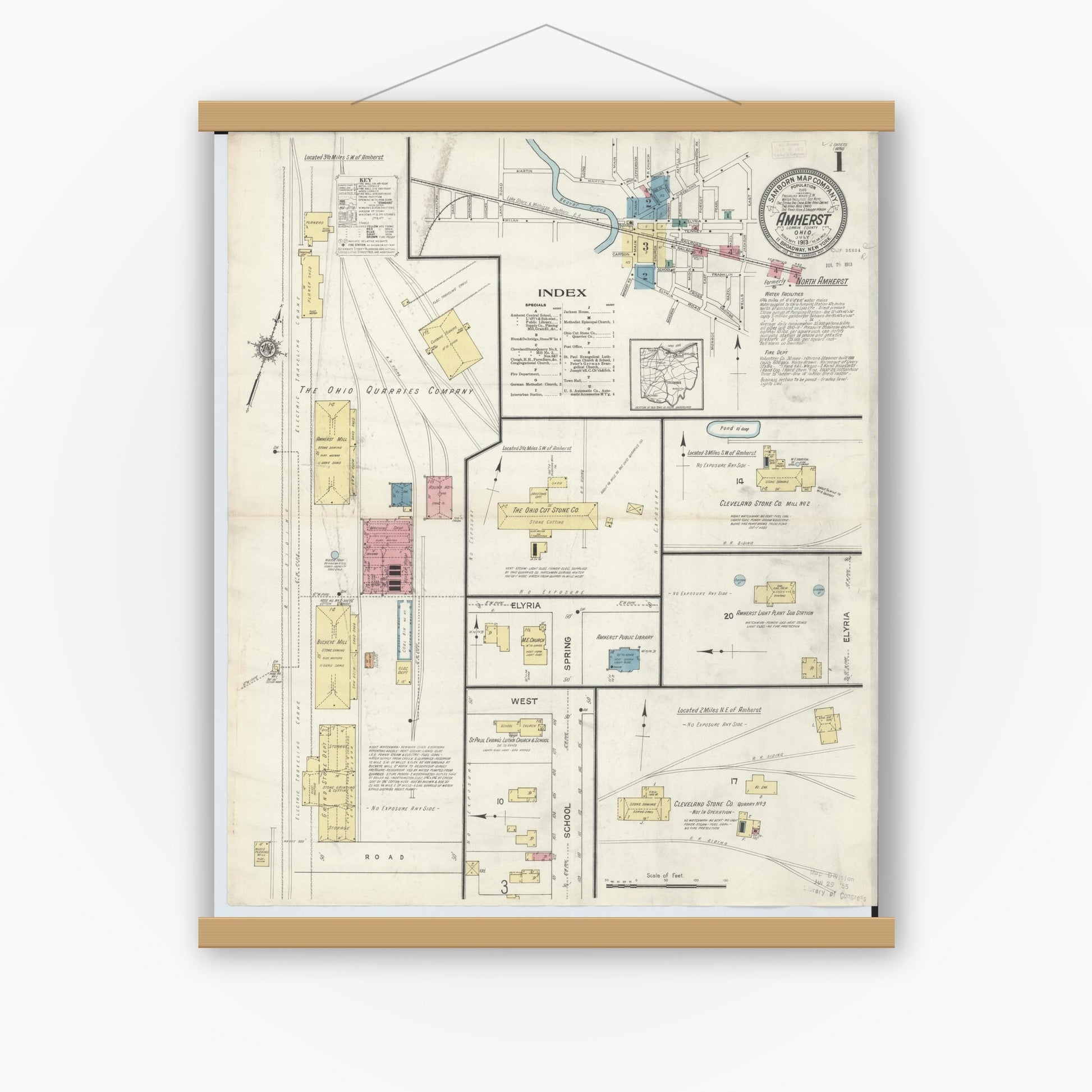 Old map wall art mockup — magnetic wood frame on white wall — Sanborn Fire Insurance Map from Amherst, Lorain County, Ohio (1913), Sheet #0001