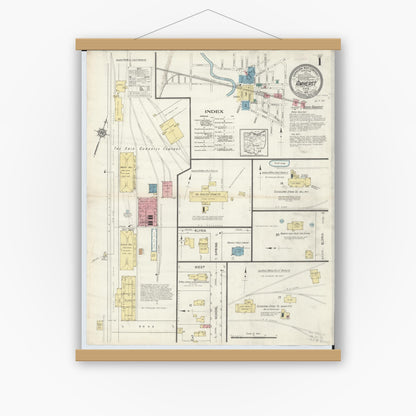 Old map wall art mockup — magnetic wood frame on white wall — Sanborn Fire Insurance Map from Amherst, Lorain County, Ohio (1913), Sheet #0001