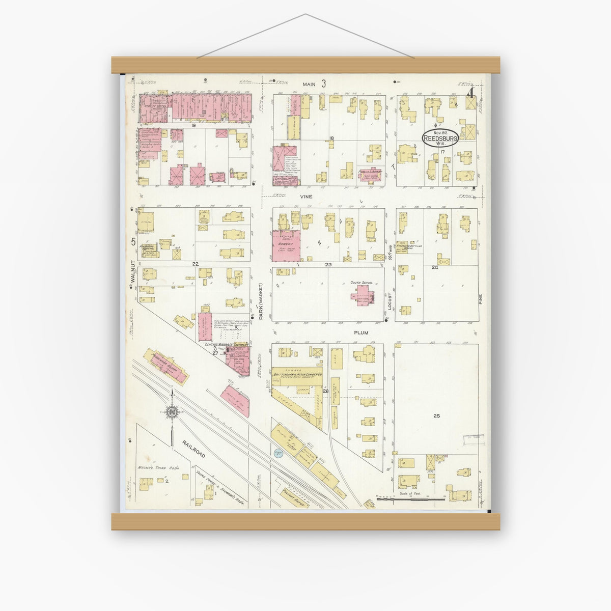 Old map wall art mockup — magnetic wood frame on white wall — Sanborn Fire Insurance Map from Reedsburg, Sauk County, Wisconsin (1912), Sheet #0004