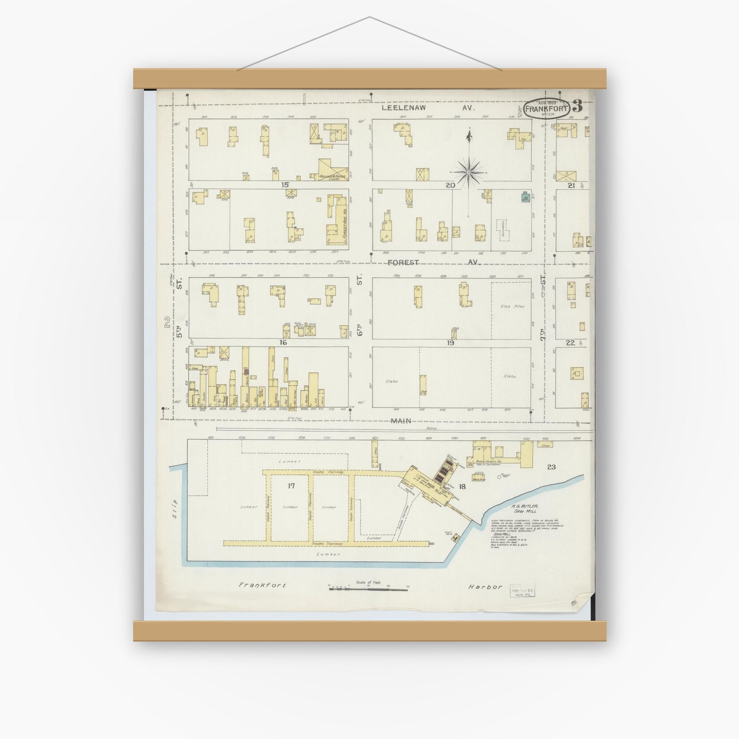 Old map wall art mockup — magnetic wood frame on white wall — Sanborn Fire Insurance Map from Frankfort, Benzie County, Michigan (1893), Sheet #0003