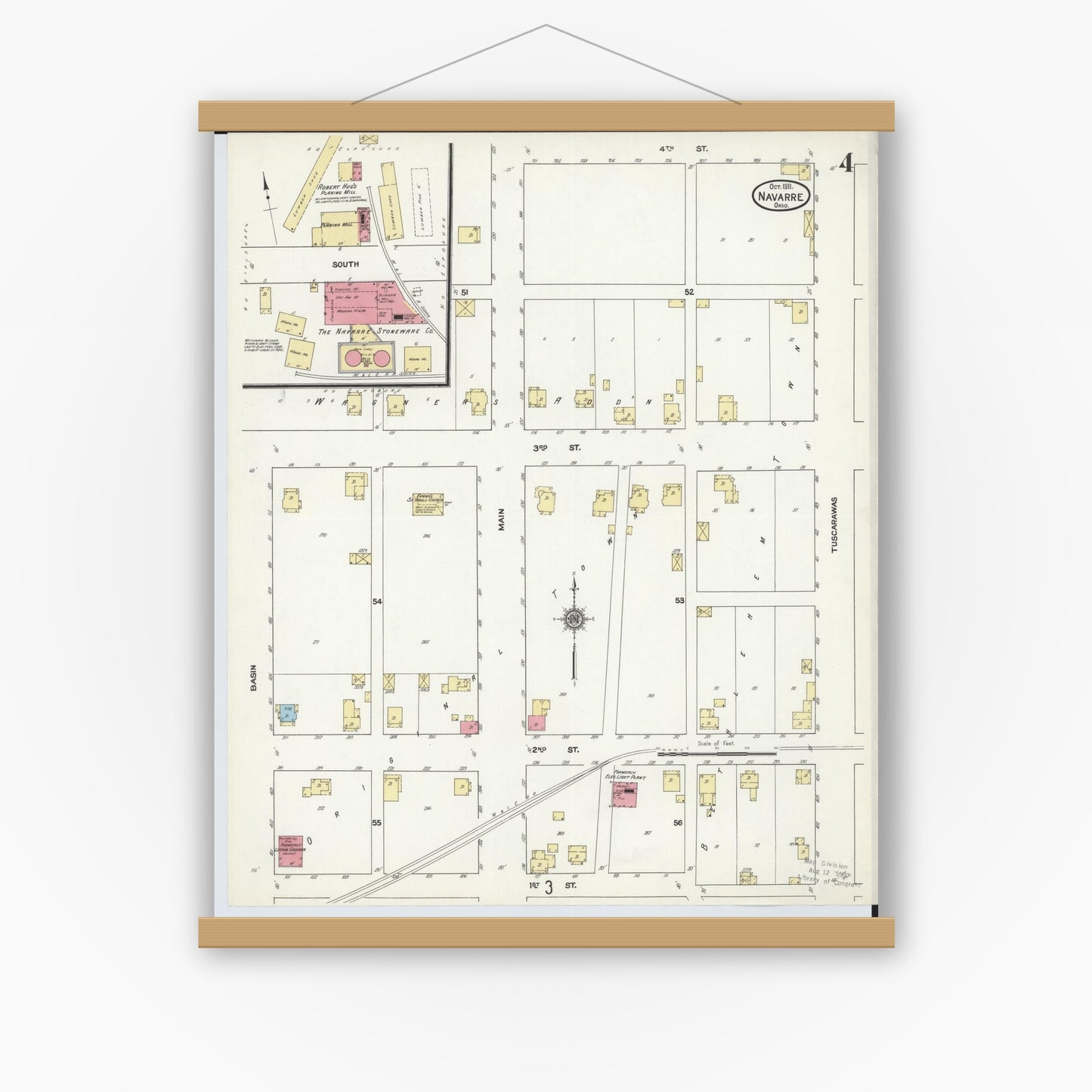 Old map wall art mockup — magnetic wood frame on white wall — Sanborn Fire Insurance Map from Navarre, Stark County, Ohio (1911), Sheet #0004