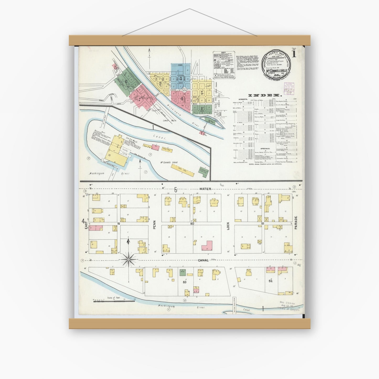 Old map wall art mockup — magnetic wood frame on white wall — Sanborn Fire Insurance Map from McConnelsville, Morgan County, Ohio (1901), Sheet #0001