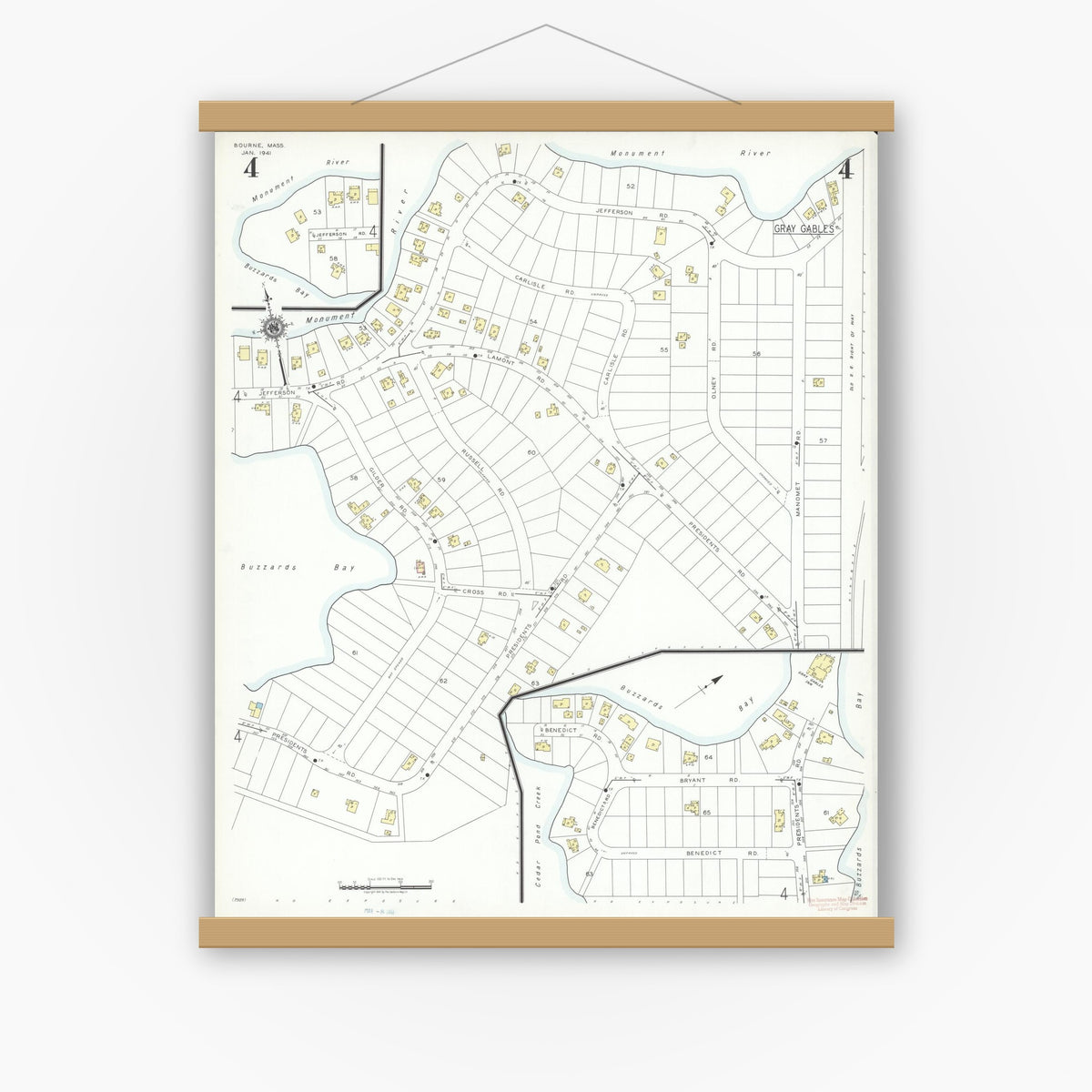 Old map wall art mockup — magnetic wood frame on white wall — Sanborn Fire Insurance Map from Bourne, Barnstable County, Massachusetts (1941), Sheet #0004