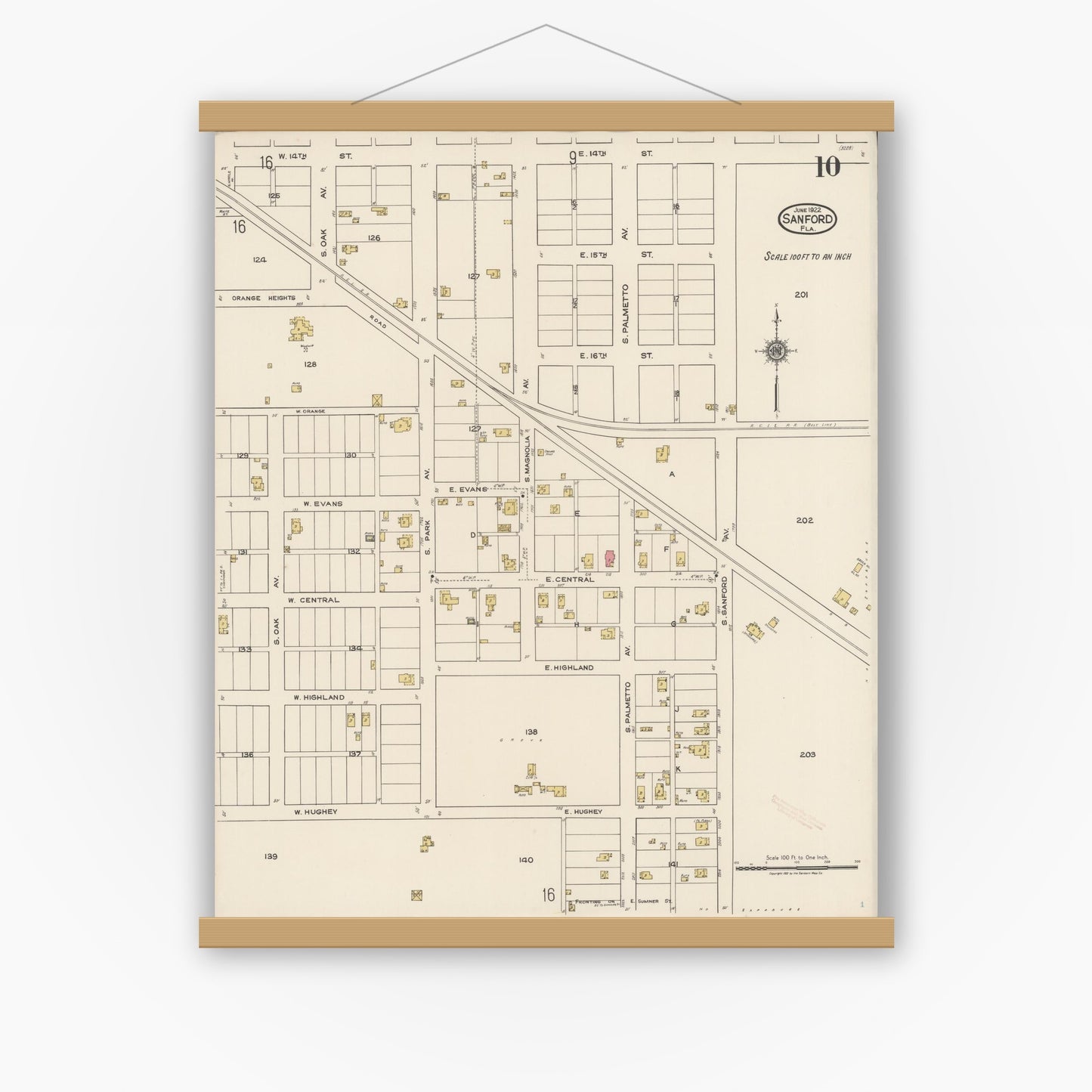 Old map wall art mockup — magnetic wood frame on white wall — Sanborn Fire Insurance Map from Sanford, Seminole County, Florida (1922), Sheet #0010