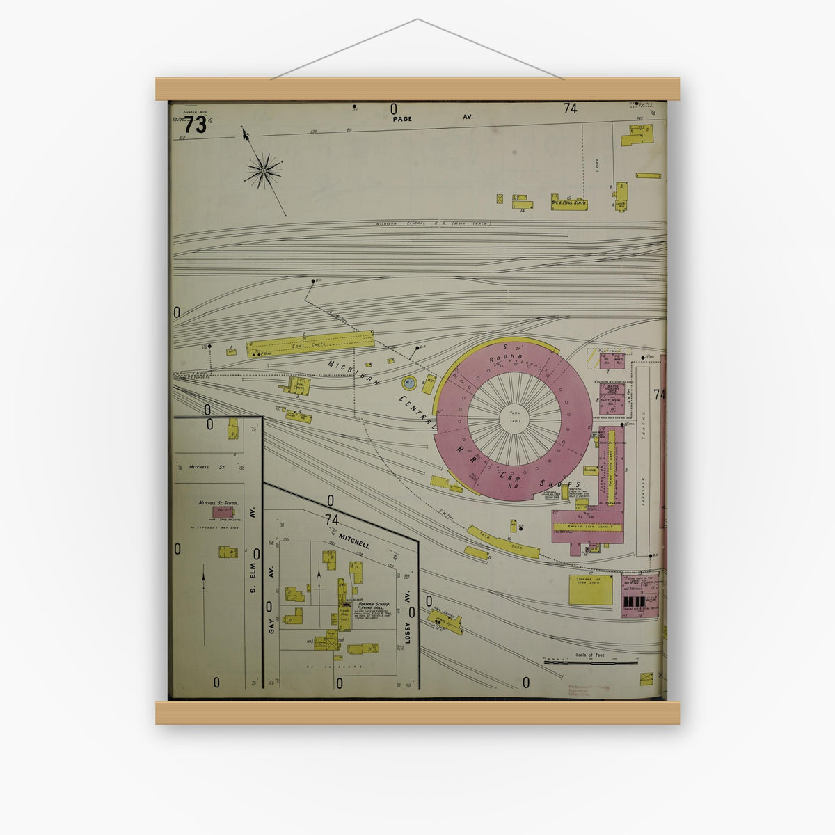 Old map wall art mockup — magnetic wood frame on white wall — Sanborn Fire Insurance Map from Jackson, Jackson County, Michigan (1907), Sheet #0073