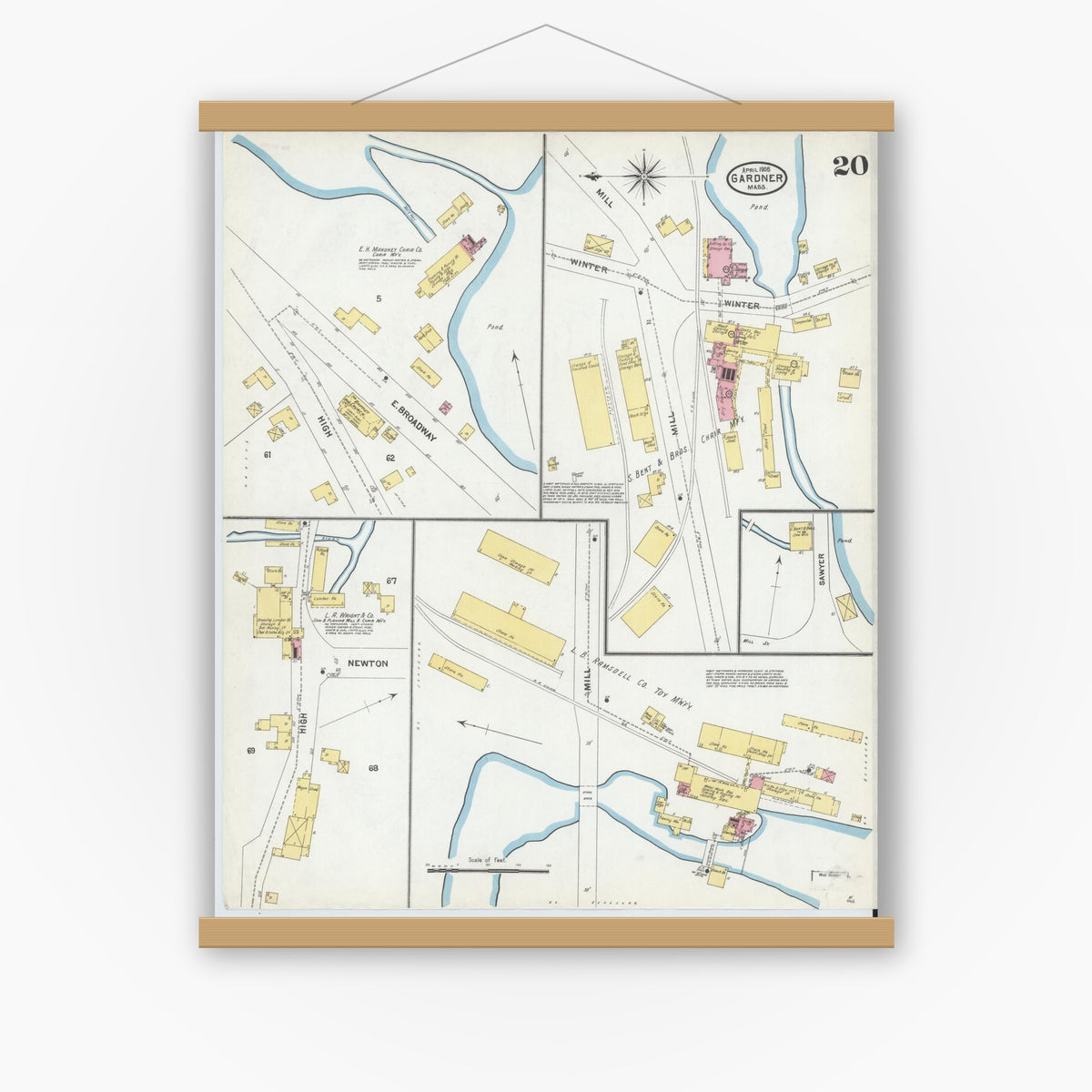 Old map wall art mockup — magnetic wood frame on white wall — Sanborn Fire Insurance Map from Gardner, Worcester County, Massachusetts (1905), Sheet #0020