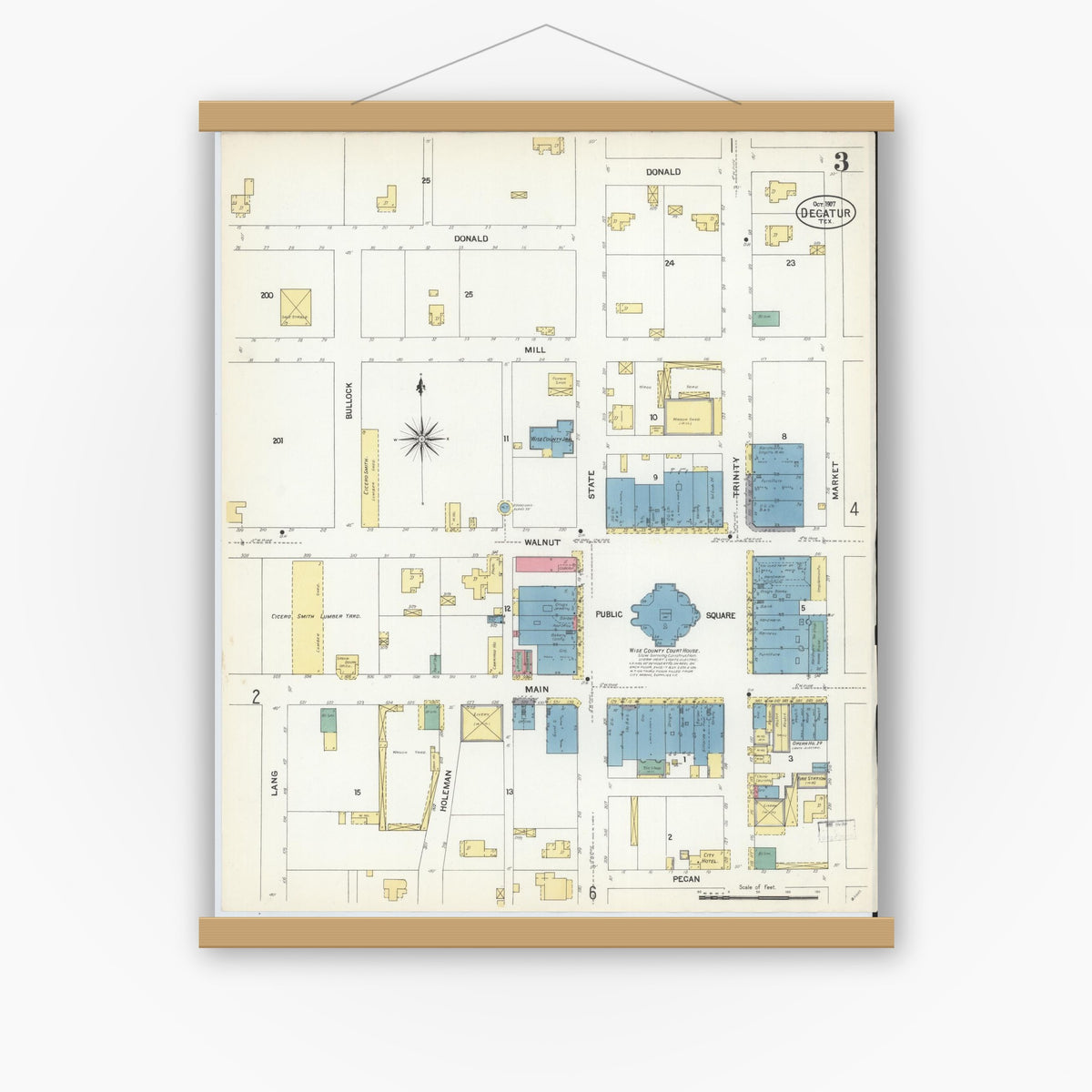 Old map wall art mockup — magnetic wood frame on white wall — Sanborn Fire Insurance Map from Decatur, Wise County, Texas (1907), Sheet #0003