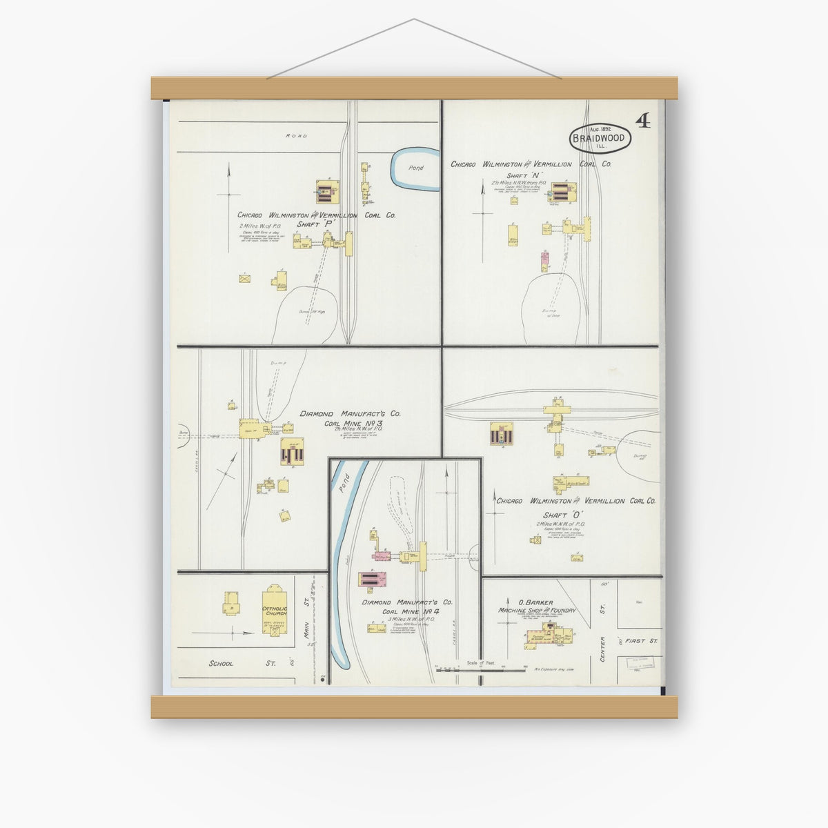 Old map wall art mockup — magnetic wood frame on white wall — Sanborn Fire Insurance Map from Braidwood, Will County, Illinois (1892), Sheet #0004