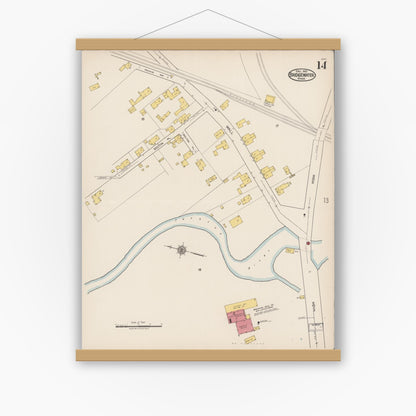 Old map wall art mockup — magnetic wood frame on white wall — Sanborn Fire Insurance Map from Bridgewater, Plymouth County, Massachusetts (1921), Sheet #0014