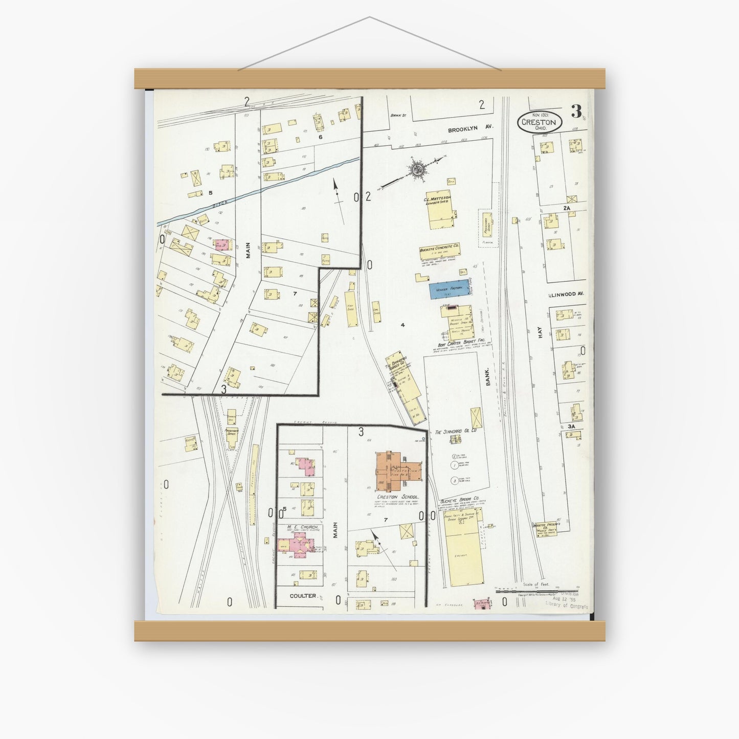 Old map wall art mockup — magnetic wood frame on white wall — Sanborn Fire Insurance Map from Creston, Wayne County, Ohio (1921), Sheet #0003