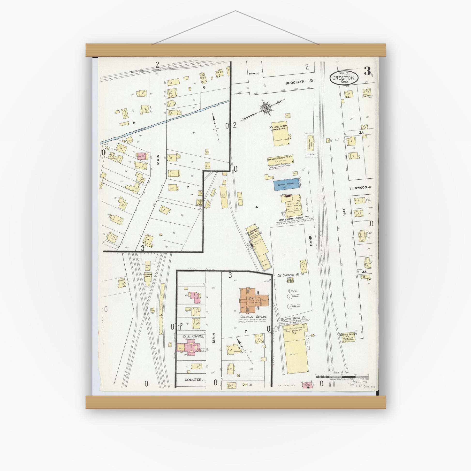 Old map wall art mockup — magnetic wood frame on white wall — Sanborn Fire Insurance Map from Creston, Wayne County, Ohio (1921), Sheet #0003