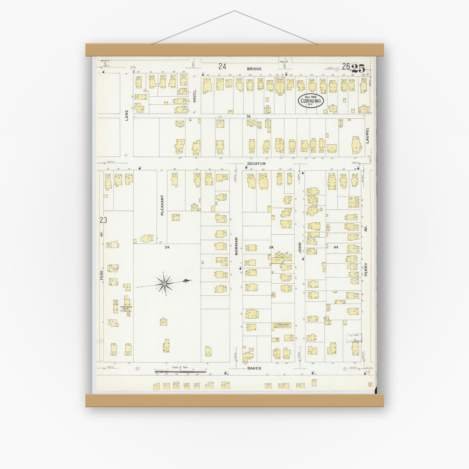 Old map wall art mockup — magnetic wood frame on white wall — Sanborn Fire Insurance Map from Corning, Steuben County, New York (1908), Sheet #0025