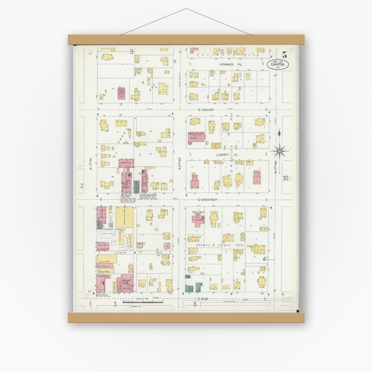 Old map wall art mockup — magnetic wood frame on white wall — Sanborn Fire Insurance Map from Canton, Fulton County, Illinois (1902), Sheet #0005