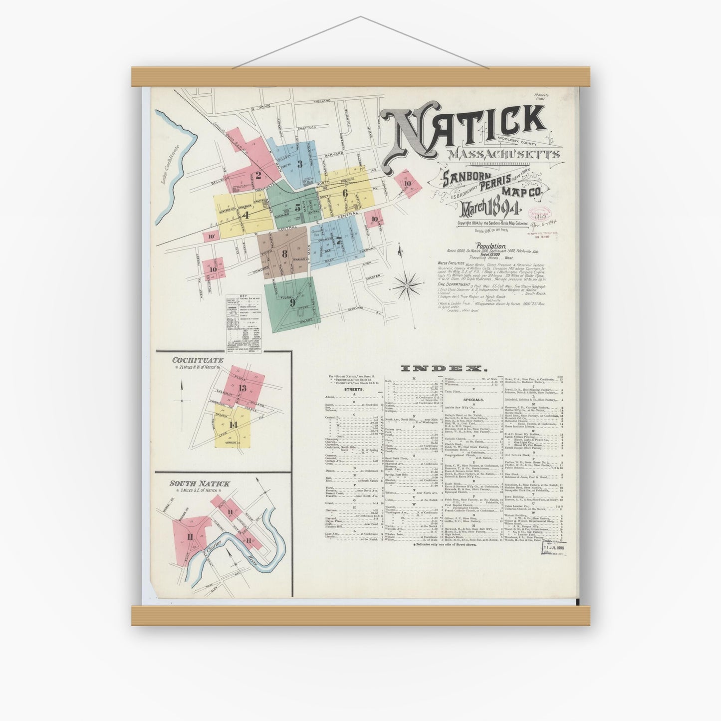 Old map wall art mockup — magnetic wood frame on white wall — Sanborn Fire Insurance Map from Natick, Middlesex County, Massachusetts (1894), Sheet #0001