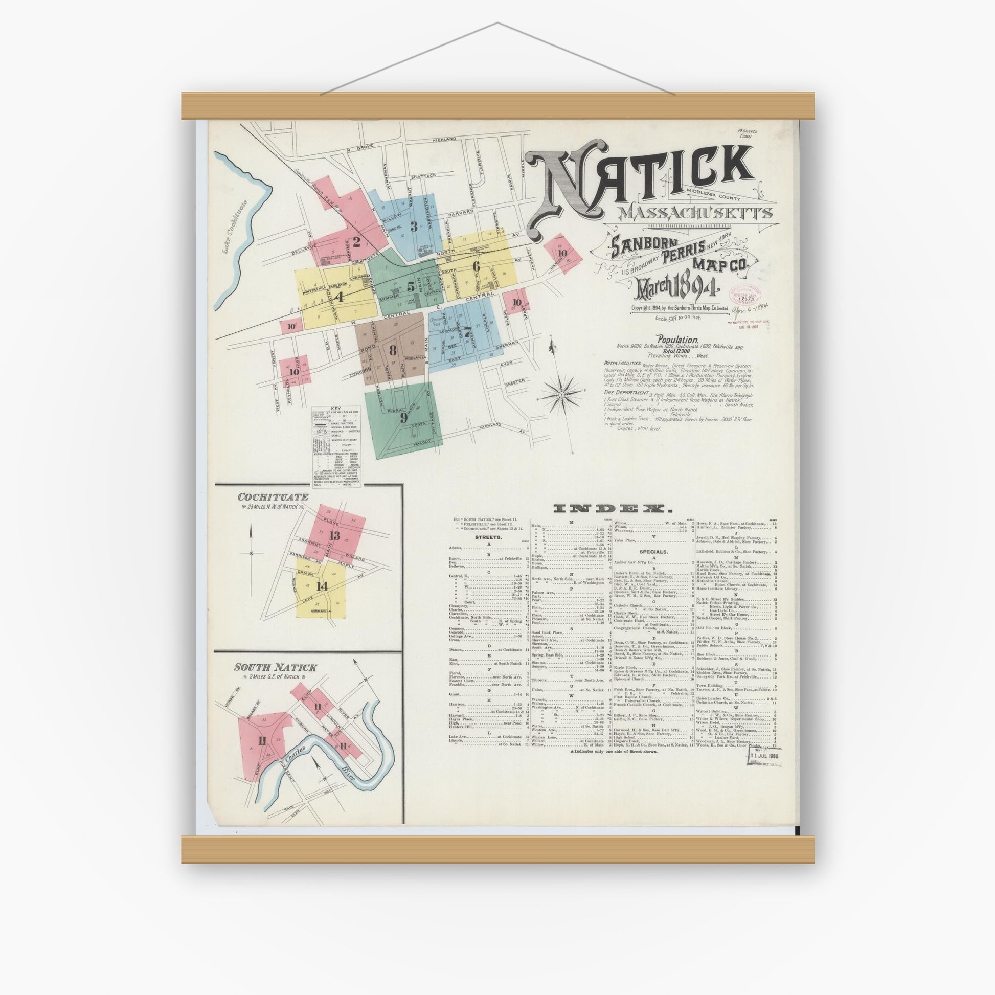 Old map wall art mockup — magnetic wood frame on white wall — Sanborn Fire Insurance Map from Natick, Middlesex County, Massachusetts (1894), Sheet #0001