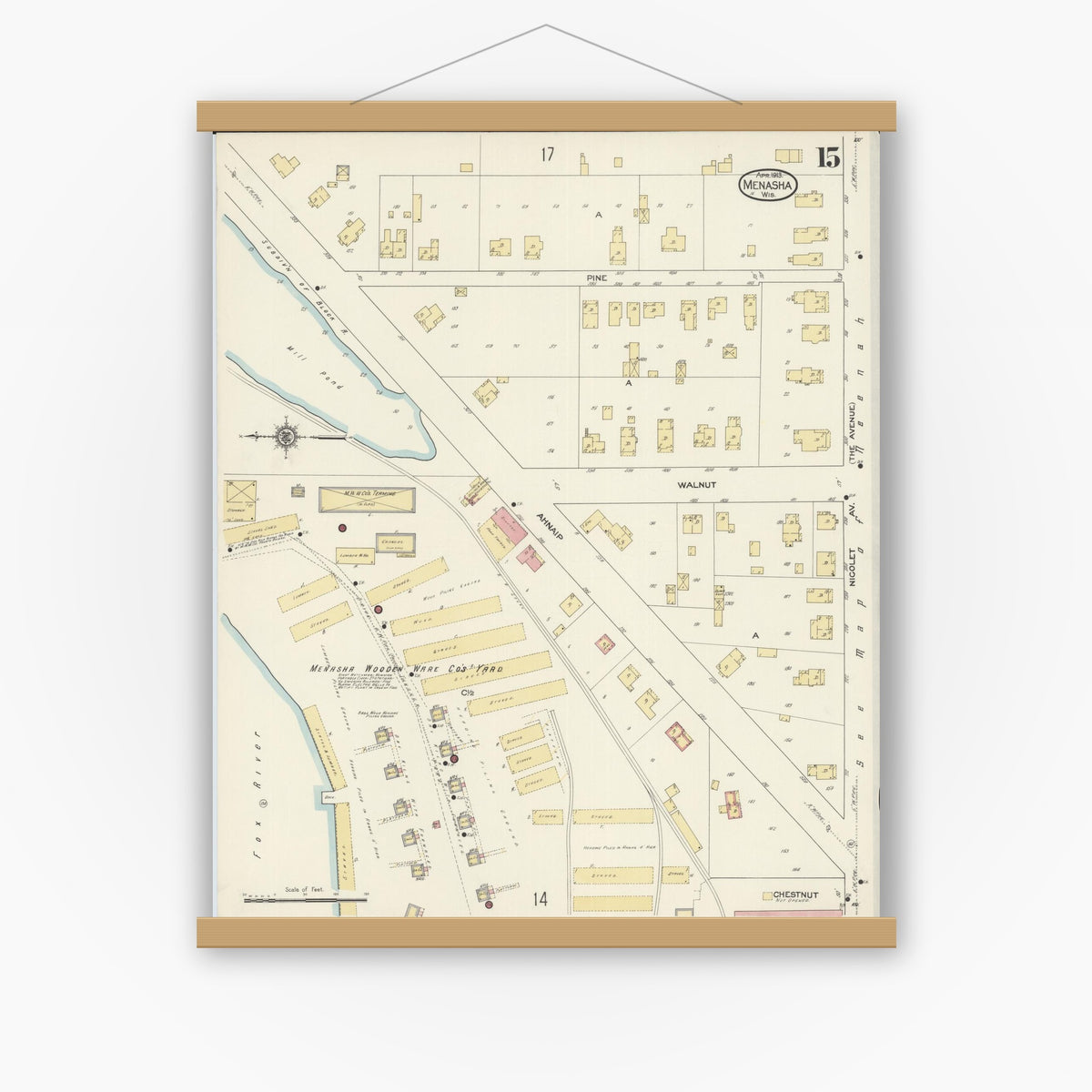 Old map wall art mockup — magnetic wood frame on white wall — Sanborn Fire Insurance Map from Menasha, Winnebago County, Wisconsin (1913), Sheet #0015