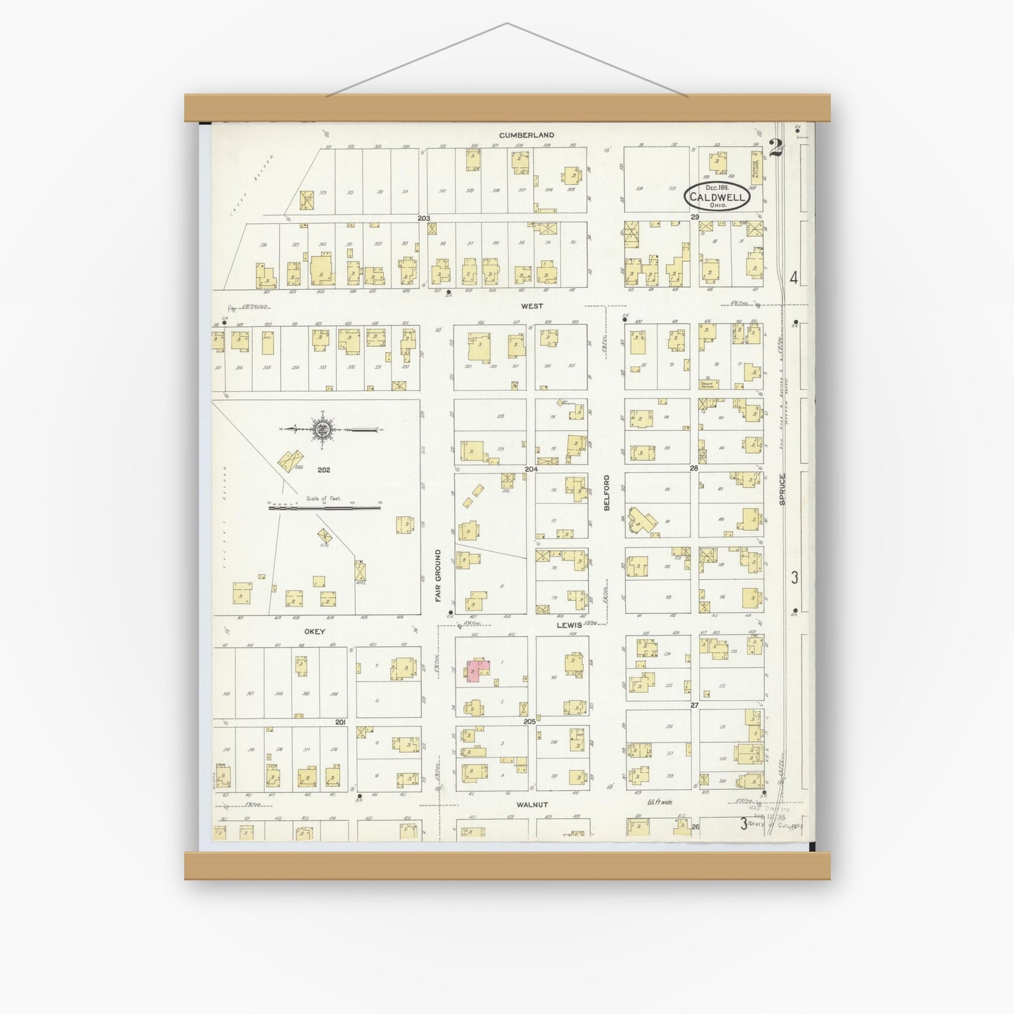 Old map wall art mockup — magnetic wood frame on white wall — Sanborn Fire Insurance Map from Caldwell, Noble County, Ohio (1911), Sheet #0002