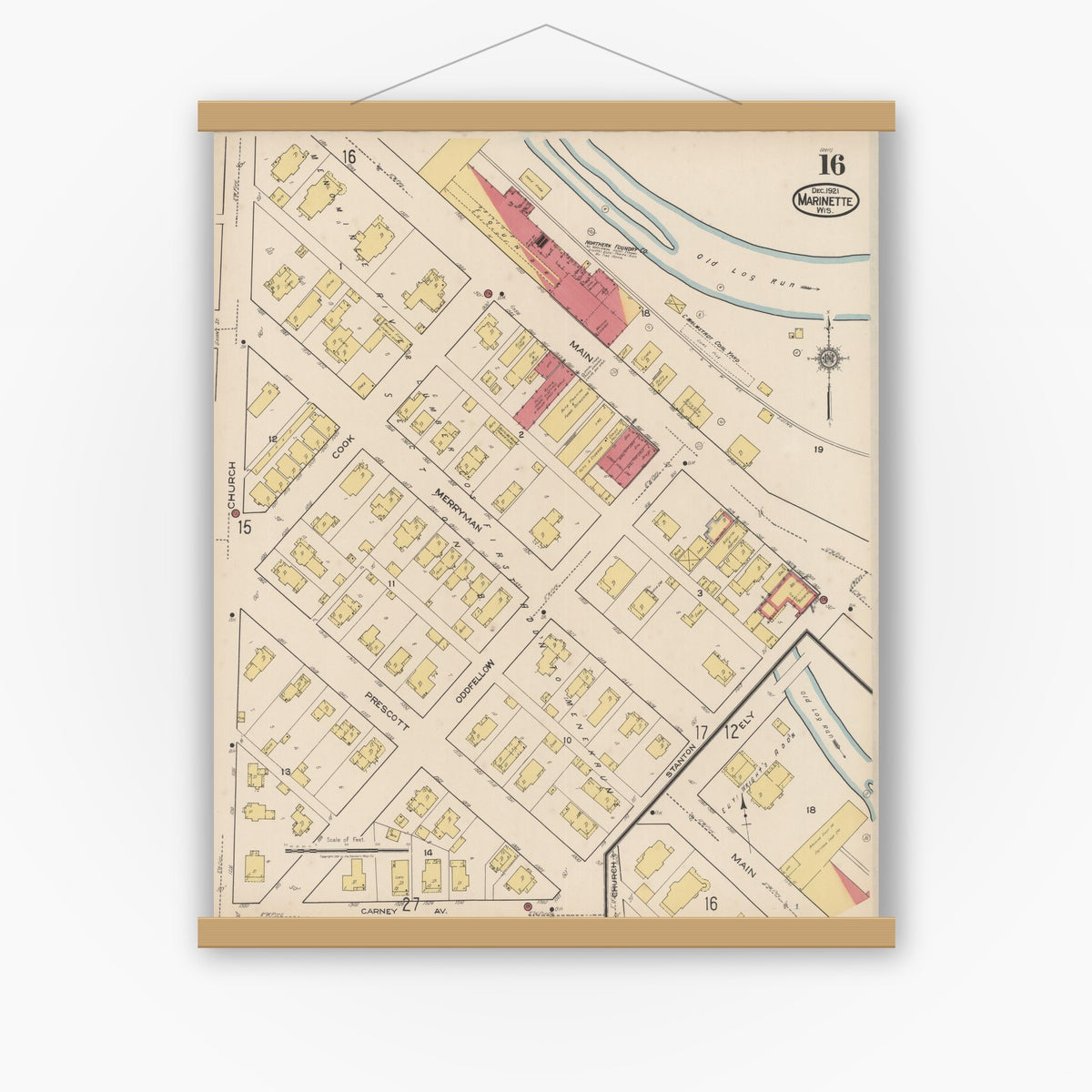 Old map wall art mockup — magnetic wood frame on white wall — Sanborn Fire Insurance Map from Marinette, Marinette County, Wisconsin (1921), Sheet #0016