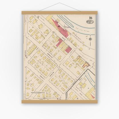 Old map wall art mockup — magnetic wood frame on white wall — Sanborn Fire Insurance Map from Marinette, Marinette County, Wisconsin (1921), Sheet #0016
