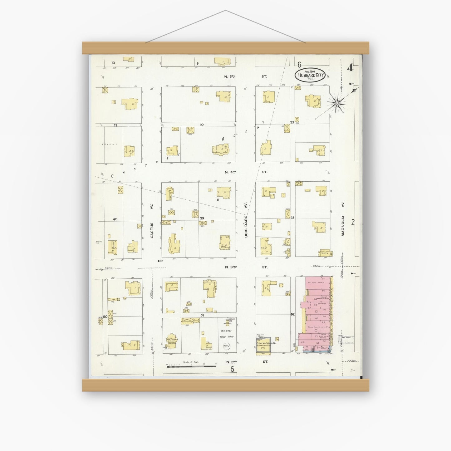 Old map wall art mockup — magnetic wood frame on white wall — Sanborn Fire Insurance Map from Hubbard, Hill County, Texas (1909), Sheet #0004