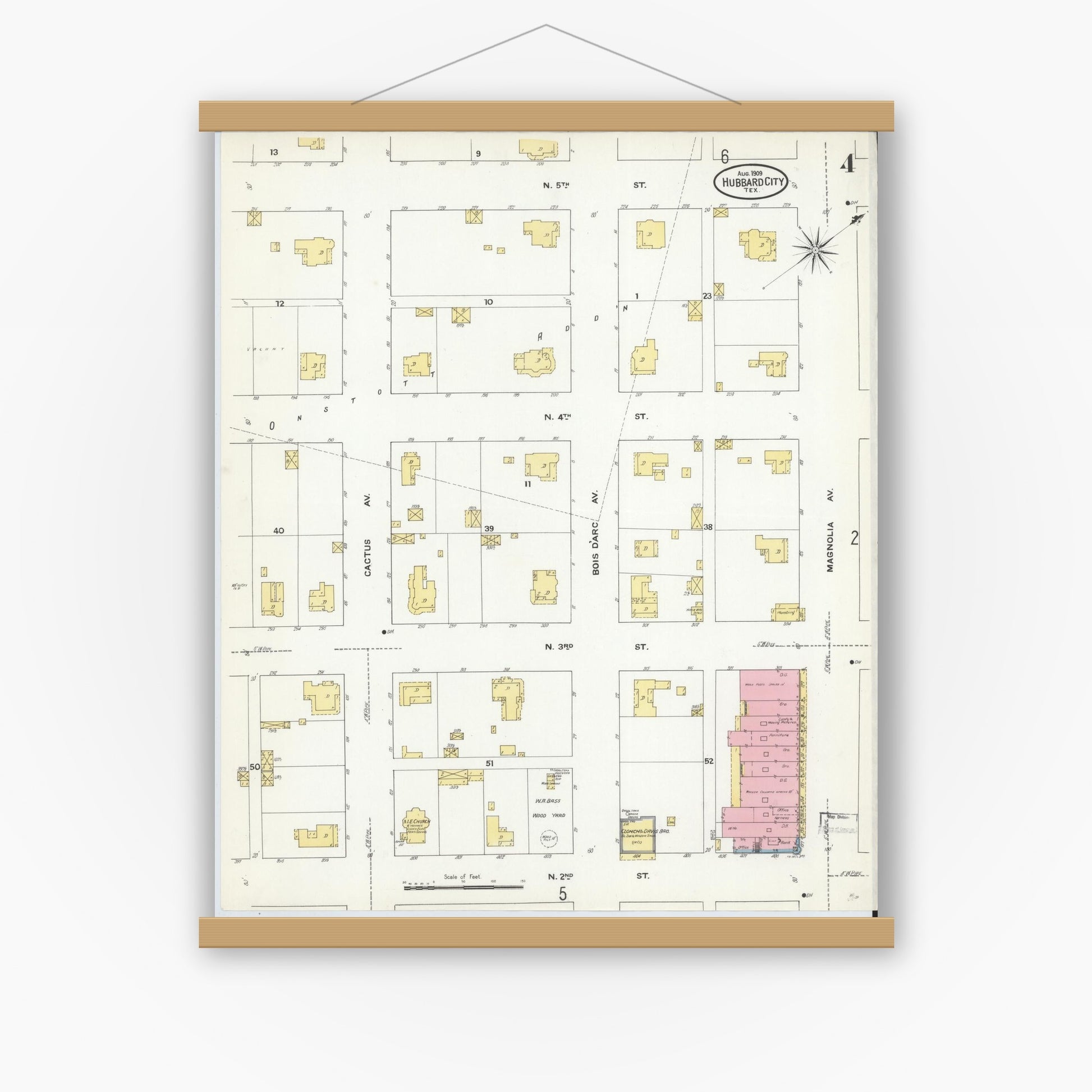 Old map wall art mockup — magnetic wood frame on white wall — Sanborn Fire Insurance Map from Hubbard, Hill County, Texas (1909), Sheet #0004