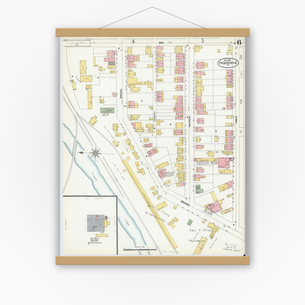 Old map wall art mockup — magnetic wood frame on white wall — Sanborn Fire Insurance Map from Phoenixville, Chester County, Pennsylvania (1900), Sheet #0006